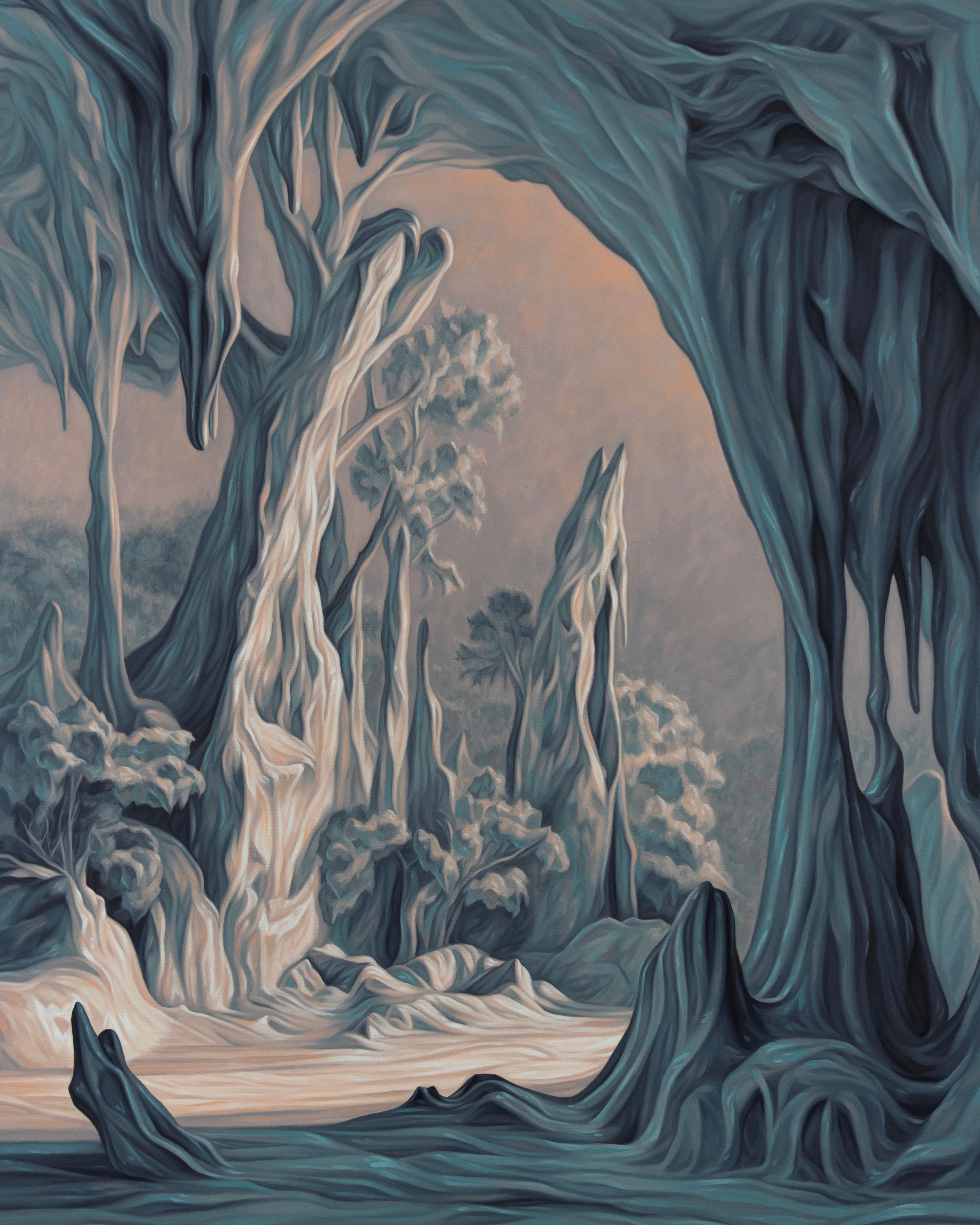 A painting of a cave in the middle of a forest.