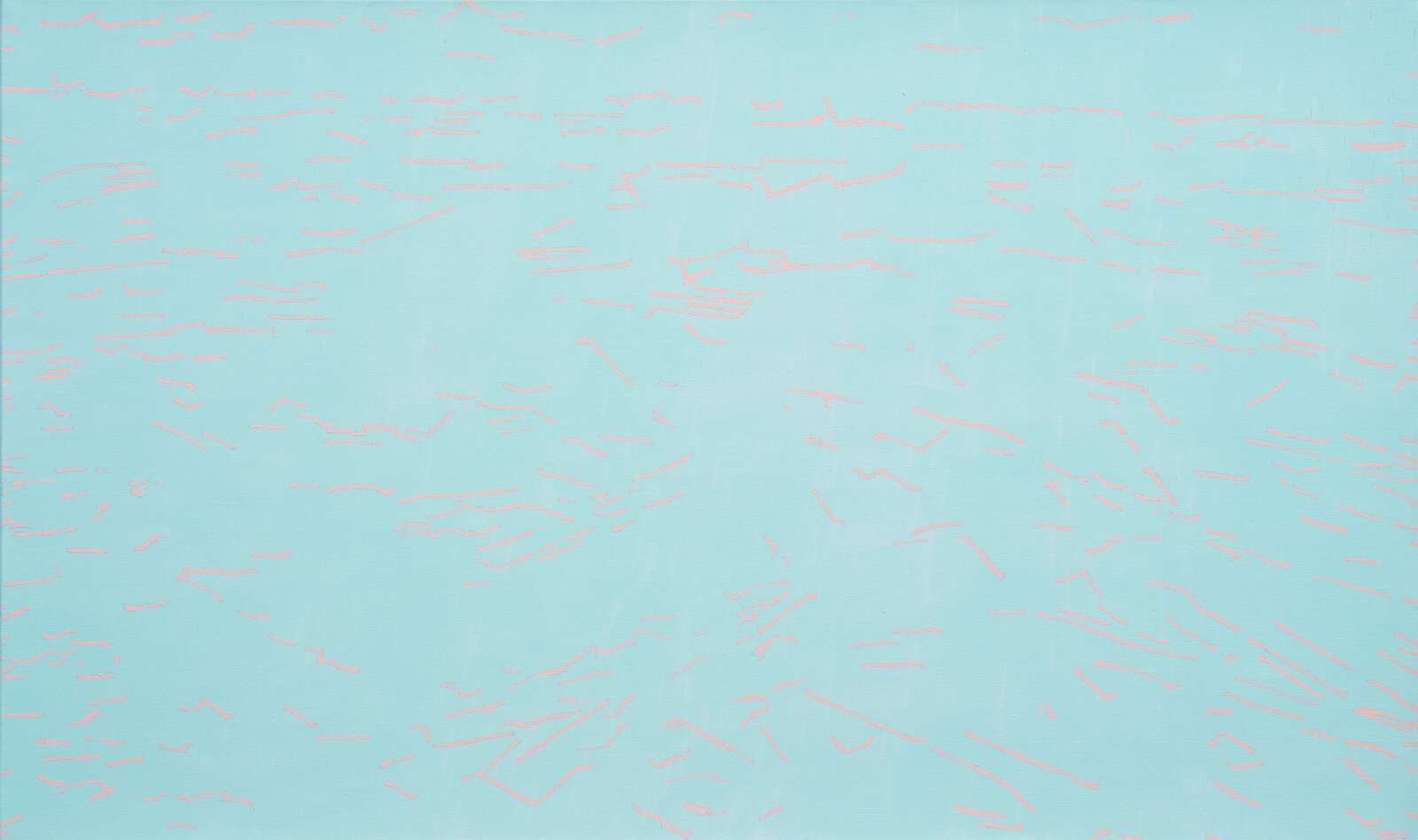 A minimalist abstract composition featuring a light blue canvas with scattered pink lines.