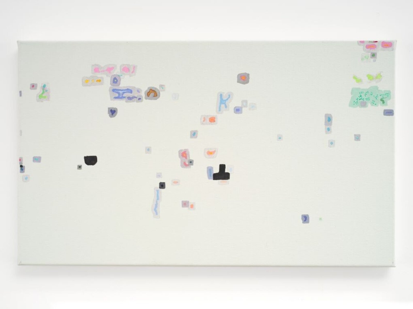 A minimalist canvas featuring scattered abstract shapes and faint letter-like forms against a pale background.
