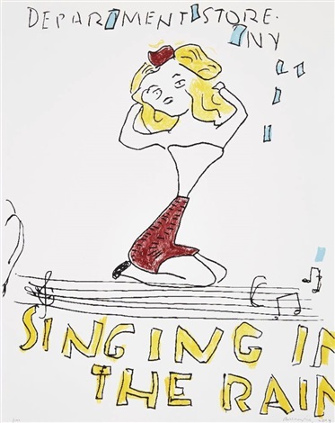 Artwork by Rose Wylie, Singing In The Rain, Made of 4 colour lithograph and screen print on Somerset Tub Sized Satin Radiant White 410gsm 