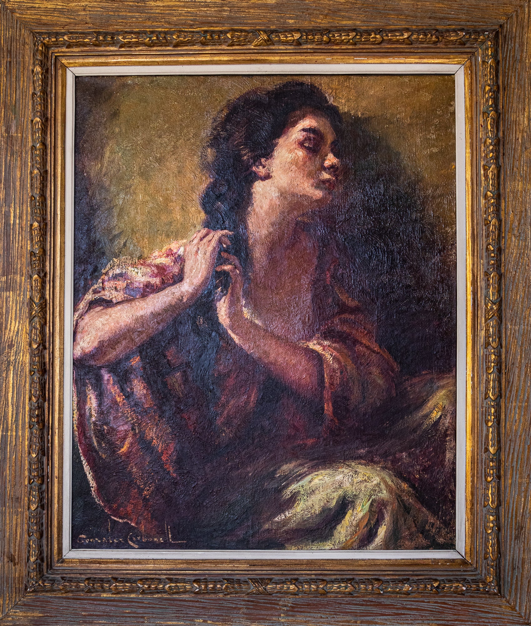 Artwork by Rosendo González Carbonell, RESERVED - Senorita plaiting her hair - Rosendo González Carbonell (1910-1984), Made of Oil on canvas 