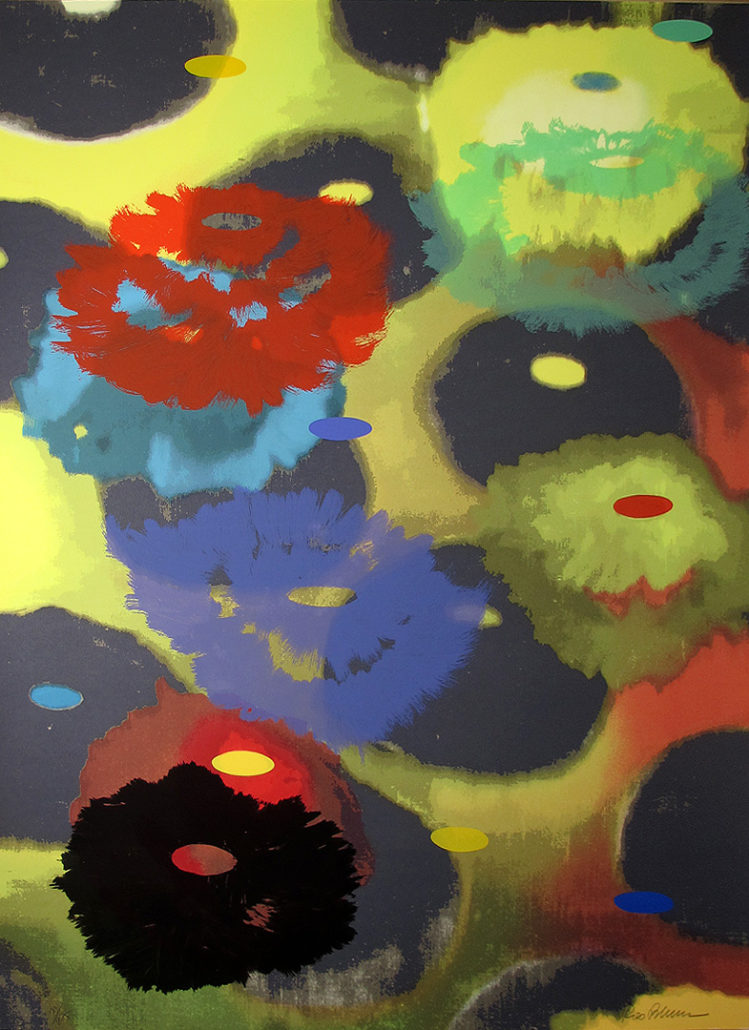 A painting of colorful flowers on a yellow background.