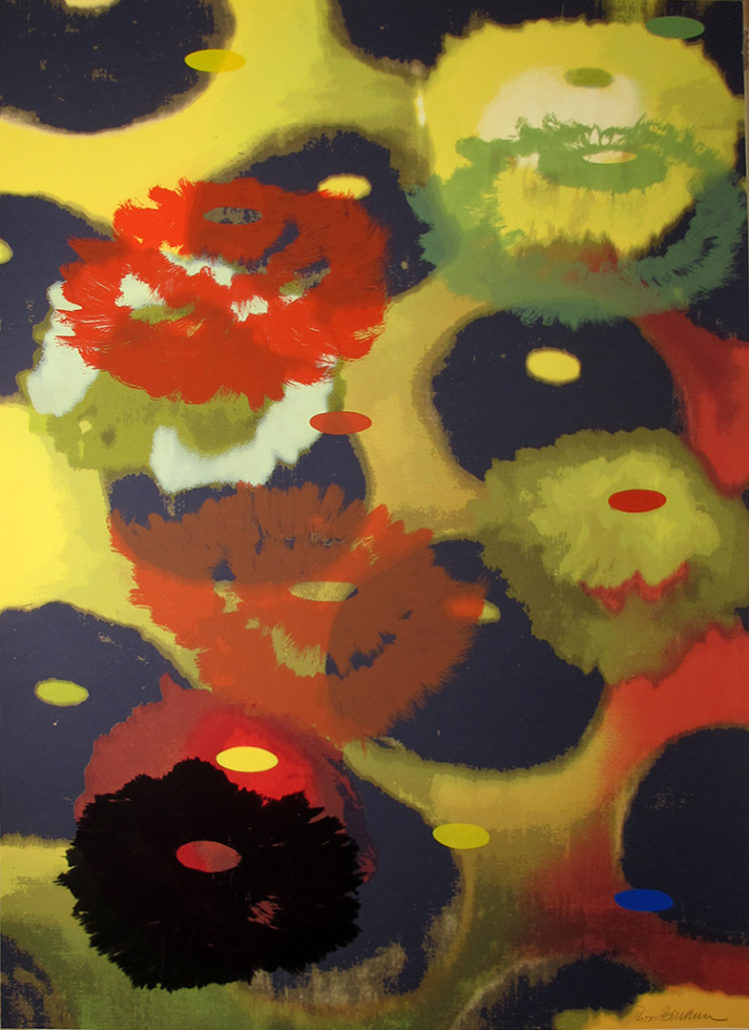 A painting of red and yellow flowers on a yellow background.