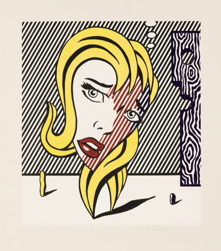 A pop-art portrait of a blonde figure with a striped face against a diagonal background.
