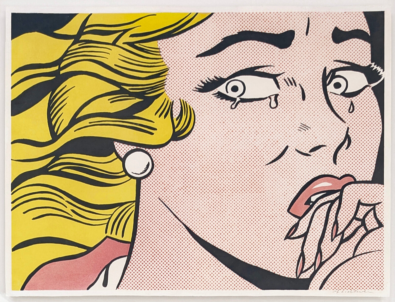 A pop-art style portrait of a woman with yellow hair and pink skin, depicted in a halftone dot technique, looking distressed.