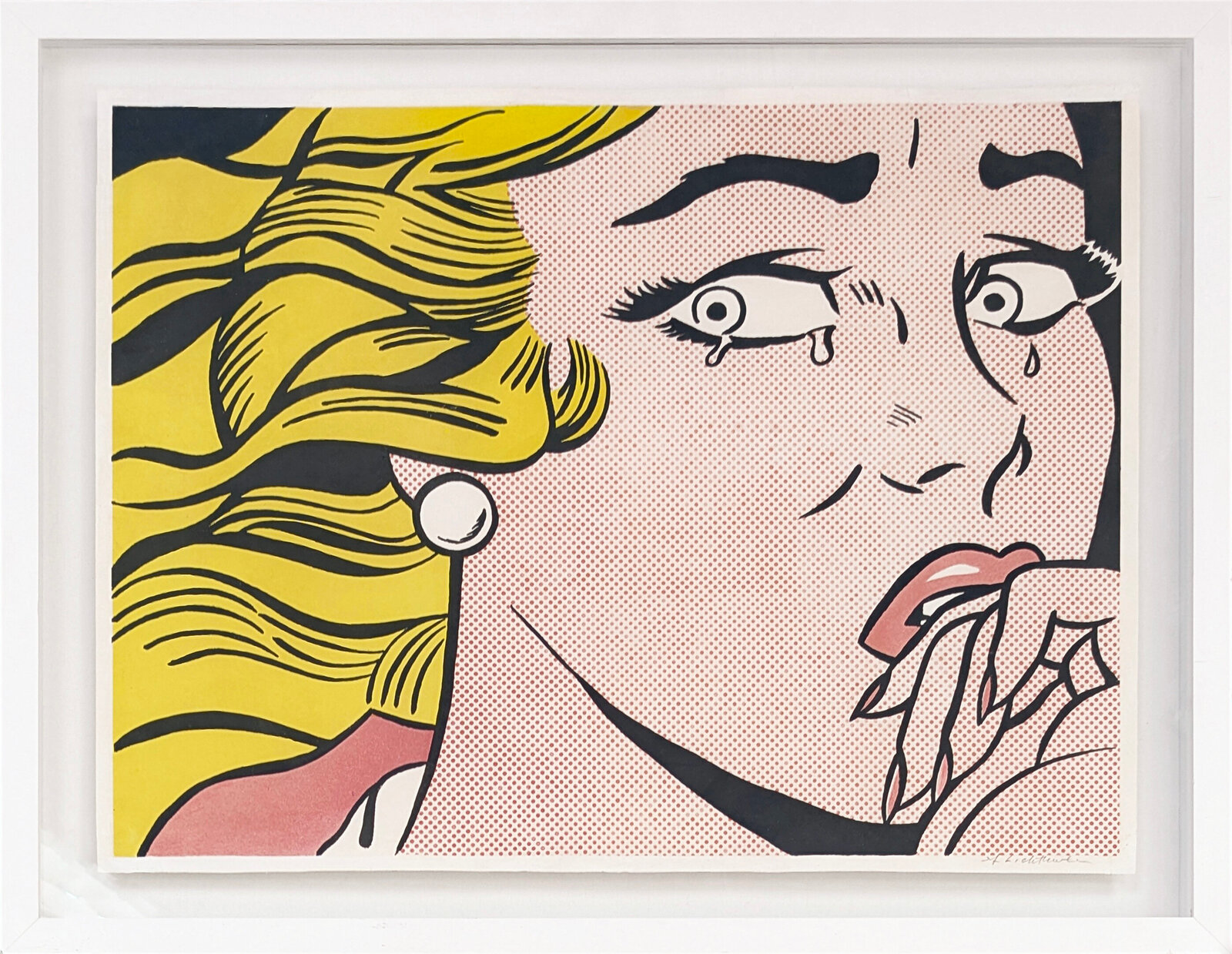 A pop-art style portrait of a woman with yellow hair and pink skin, depicted in a halftone dot technique, looking distressed.