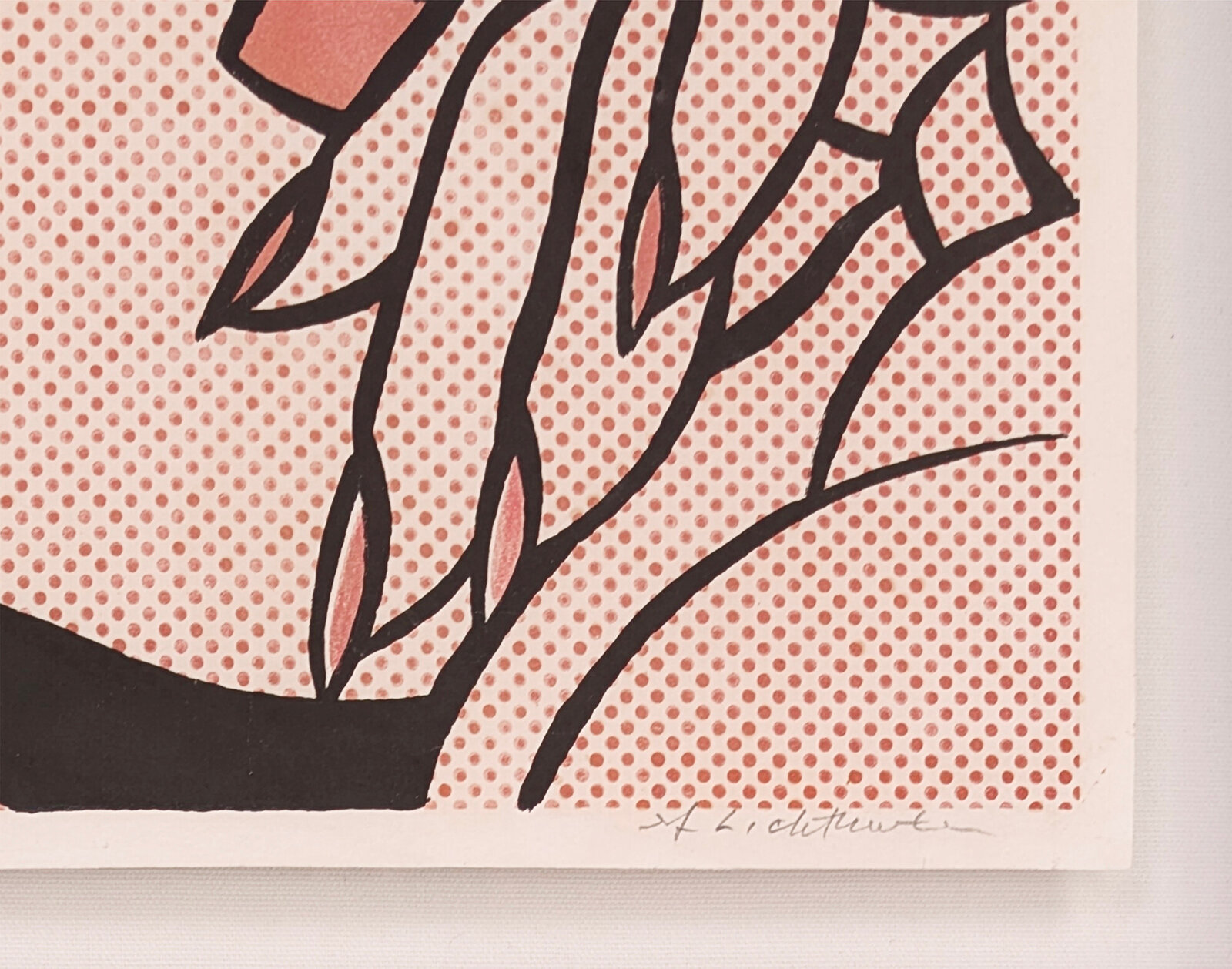 A pop-art style portrait of a woman with yellow hair and pink skin, depicted in a halftone dot technique, looking distressed.