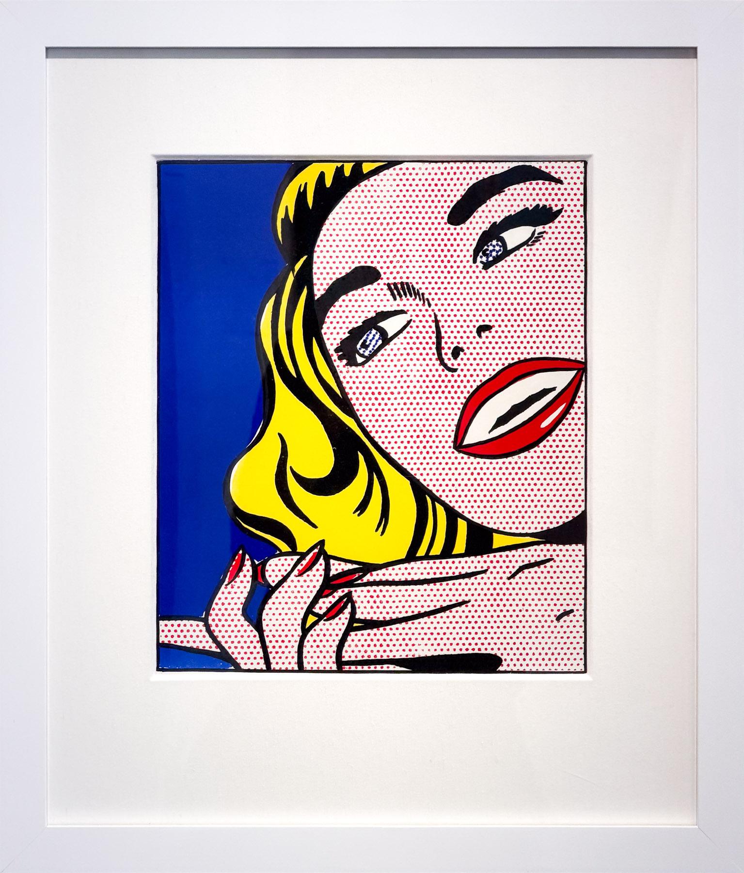 A pop-art portrait of a figure with yellow hair and red lips against a blue background.