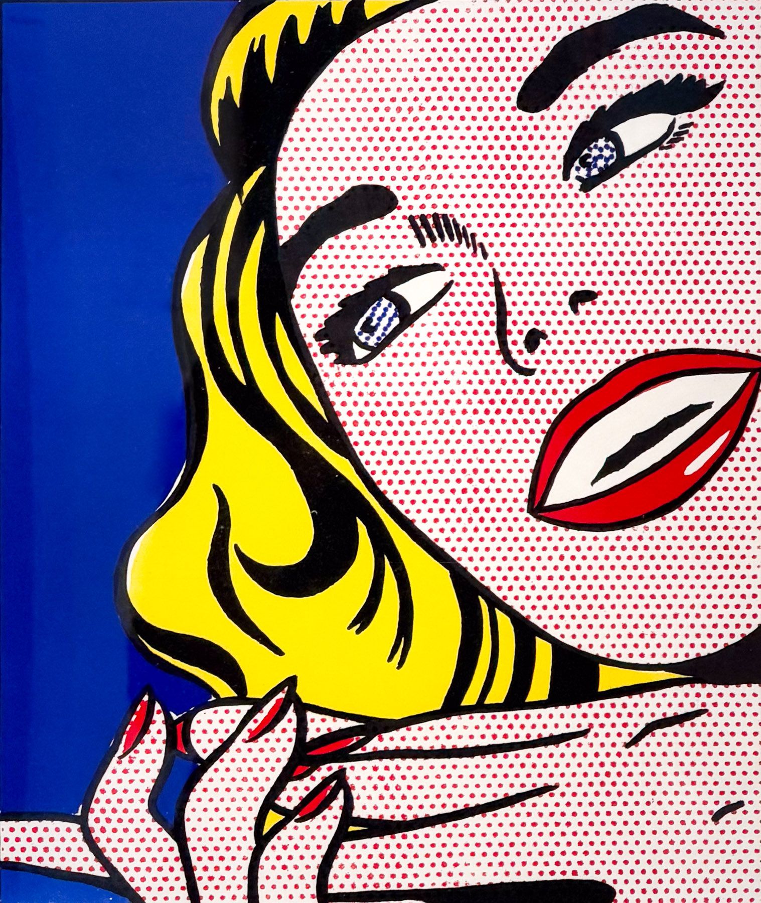 A pop-art portrait of a figure with yellow hair and red lips against a blue background.