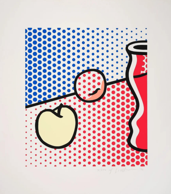 A pop-art style print featuring a red soda can, apple, and cherry against a polka-dot background.