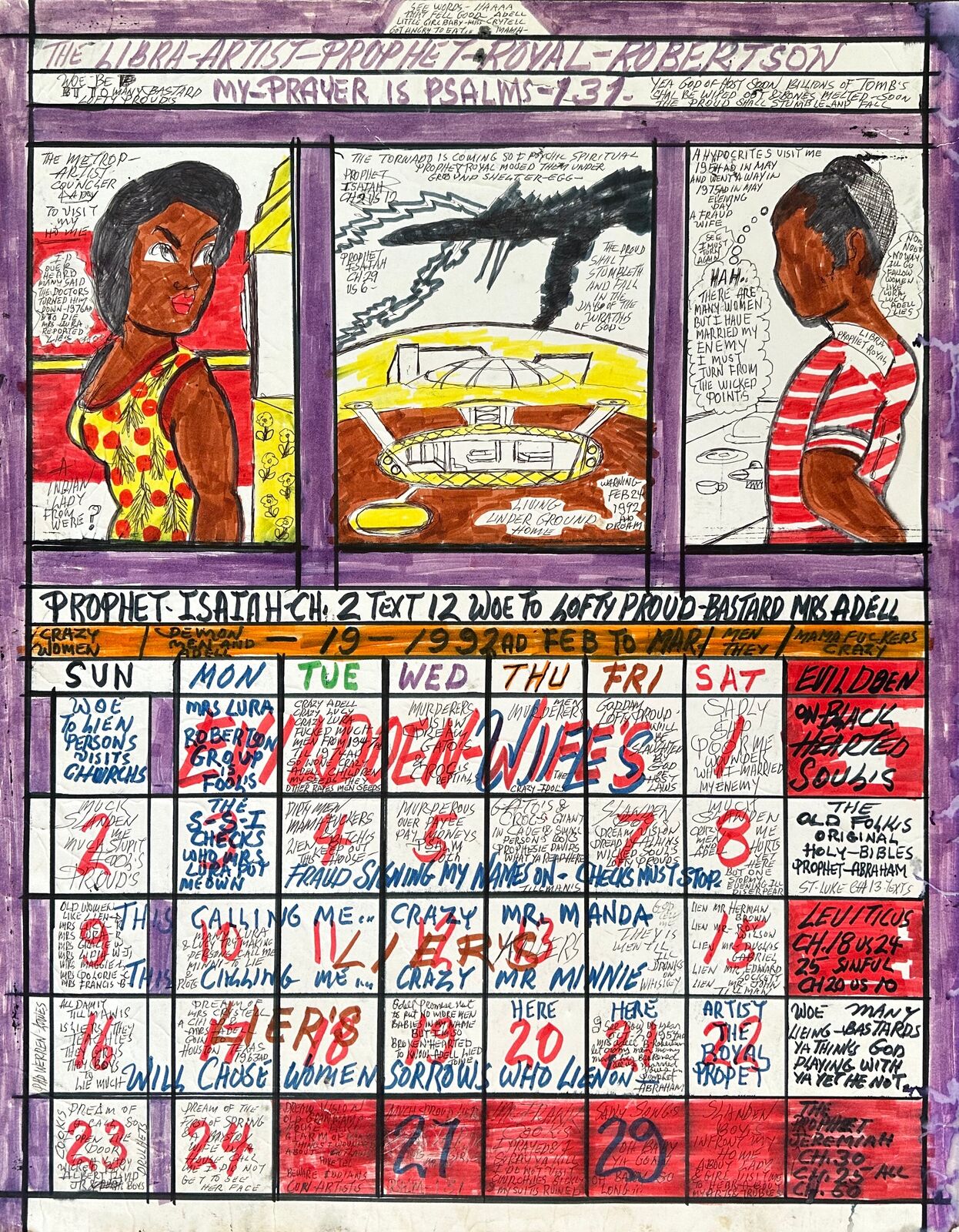 Artwork by Royal Robertson, Untitled (Spaceship/Prophet Isaiah Calander), Made of Gouache and marker pen on collaged paper 