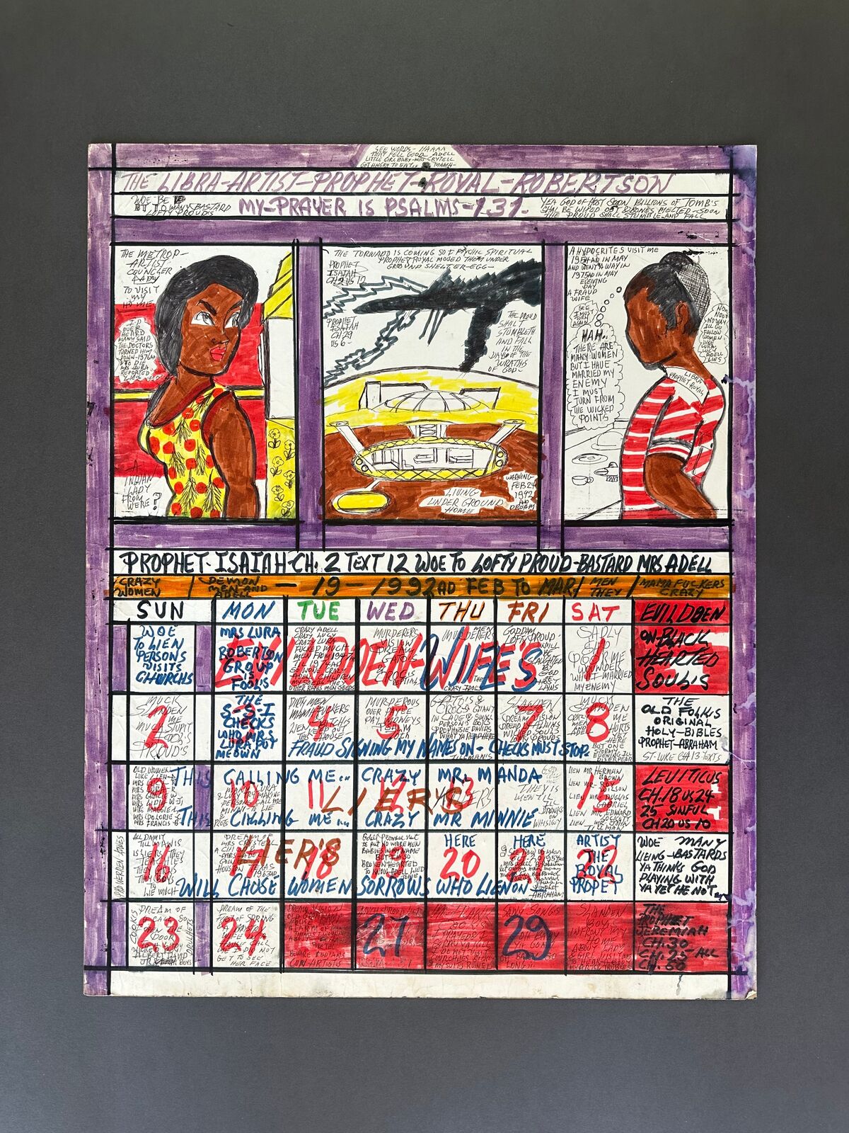 Artwork by Royal Robertson, Untitled (Spaceship/Prophet Isaiah Calander), Made of Gouache and marker pen on collaged paper 