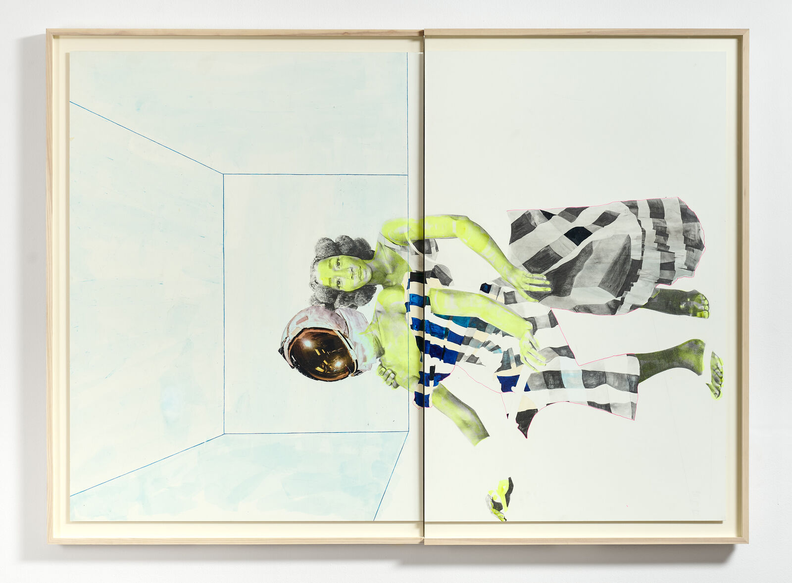 A painting of a woman in a black and white checkered dress.