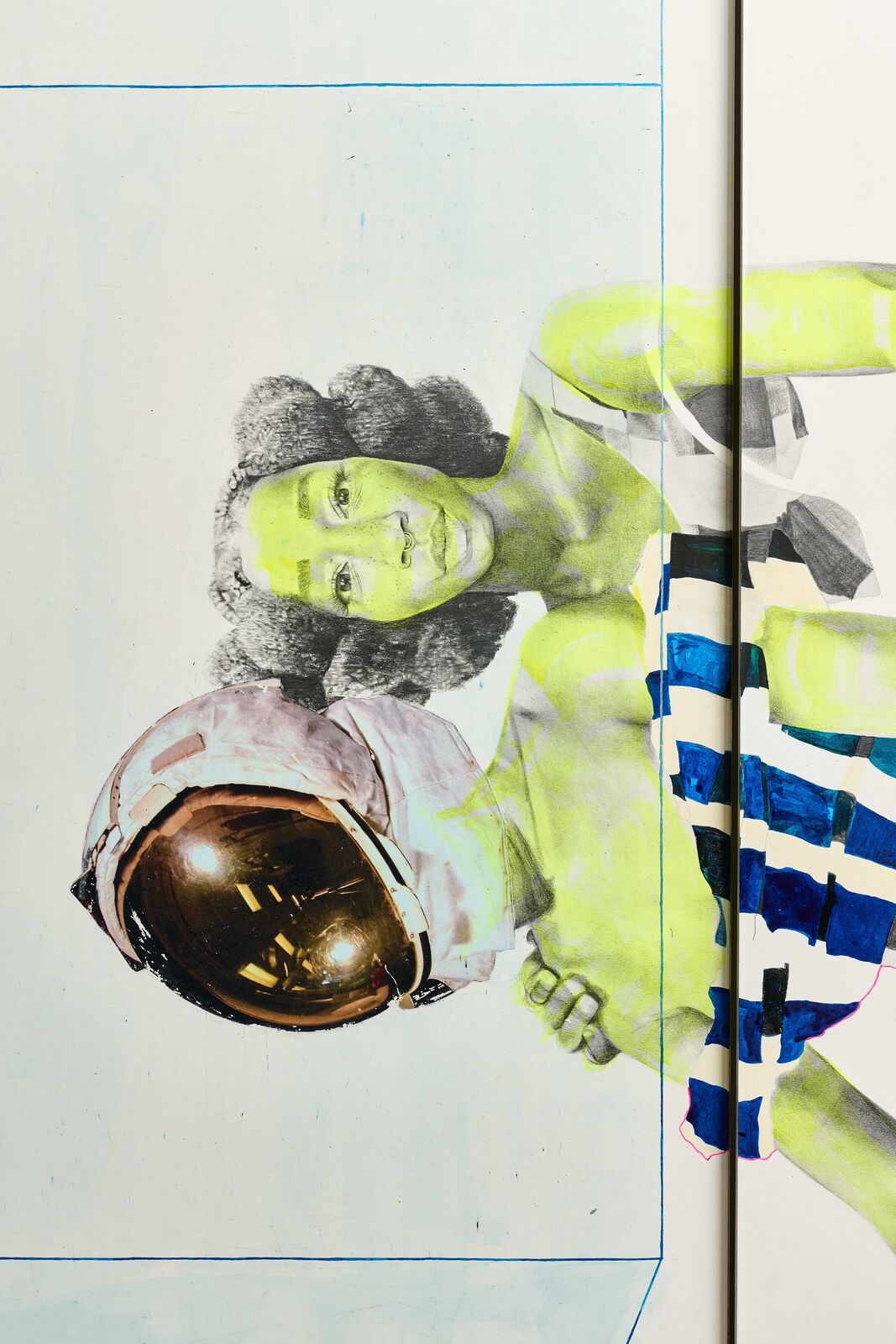 A painting of a woman in a black and white checkered dress.