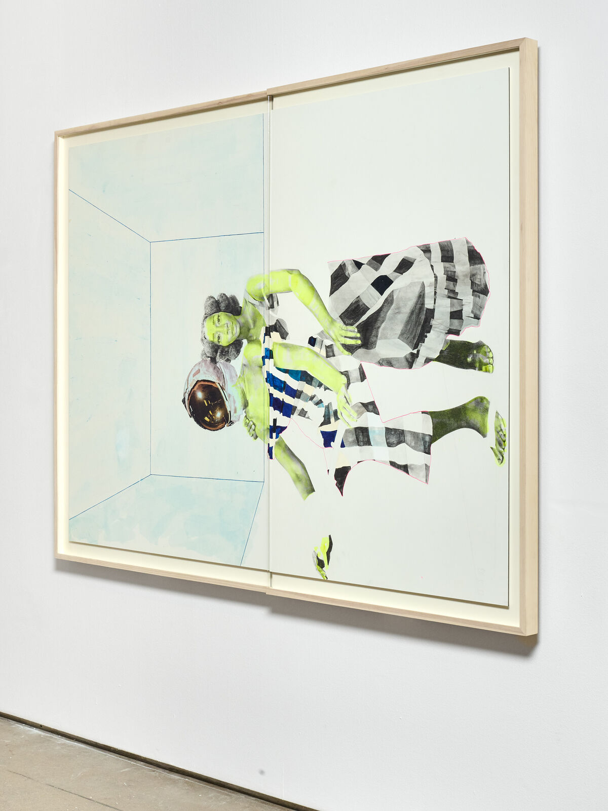 A painting of a woman in a black and white checkered dress.