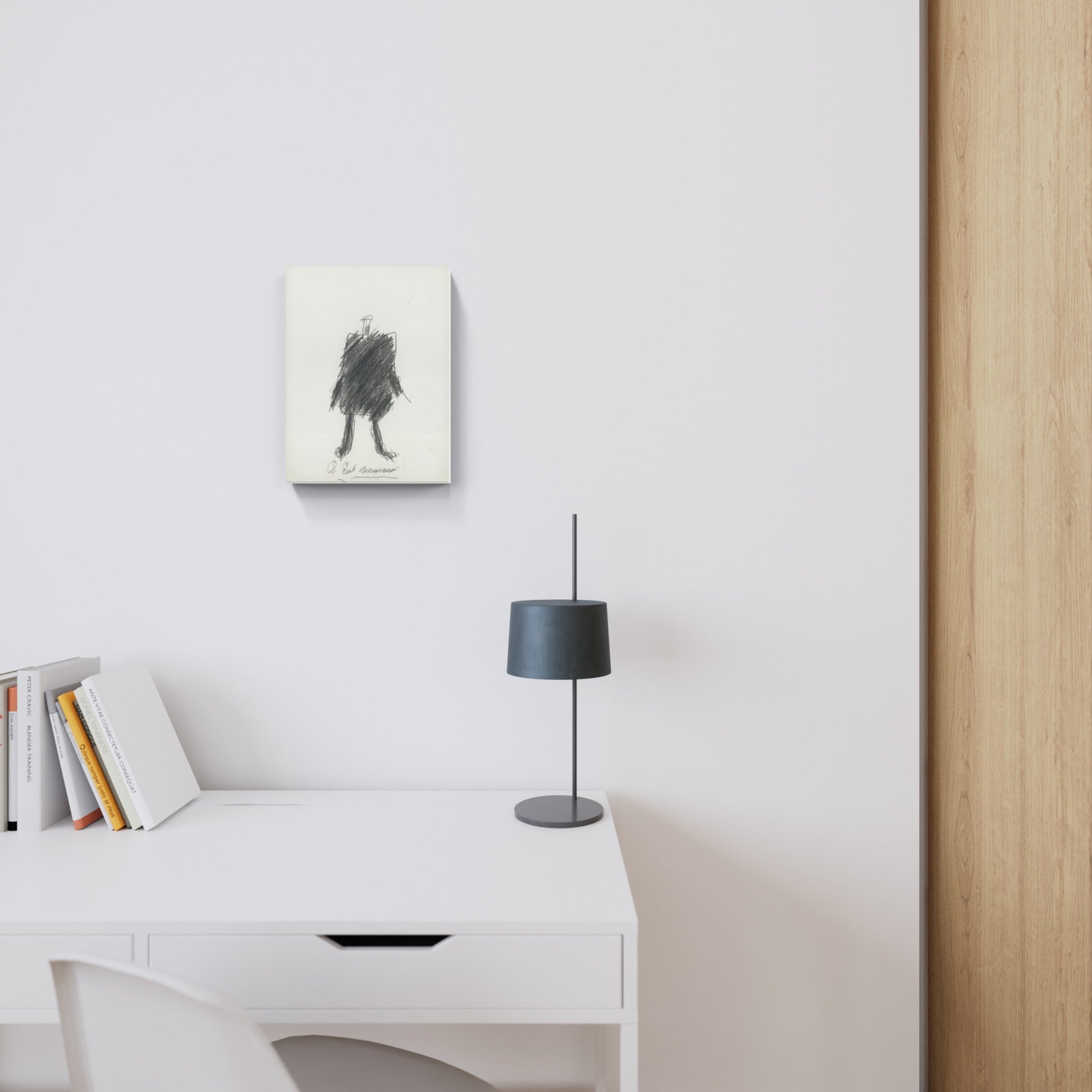 A black and white drawing of a man in a suit.