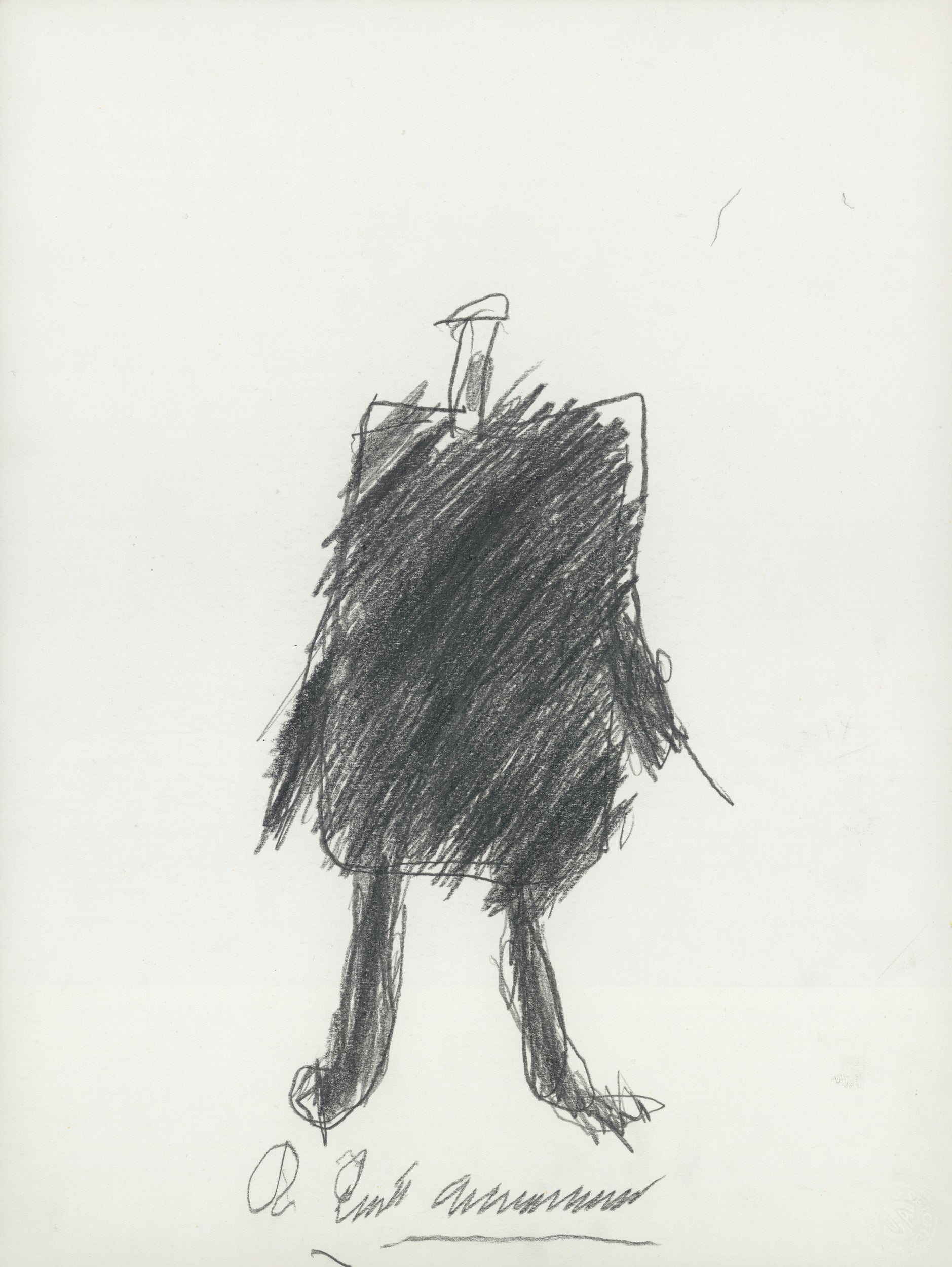 A black and white drawing of a man in a suit.