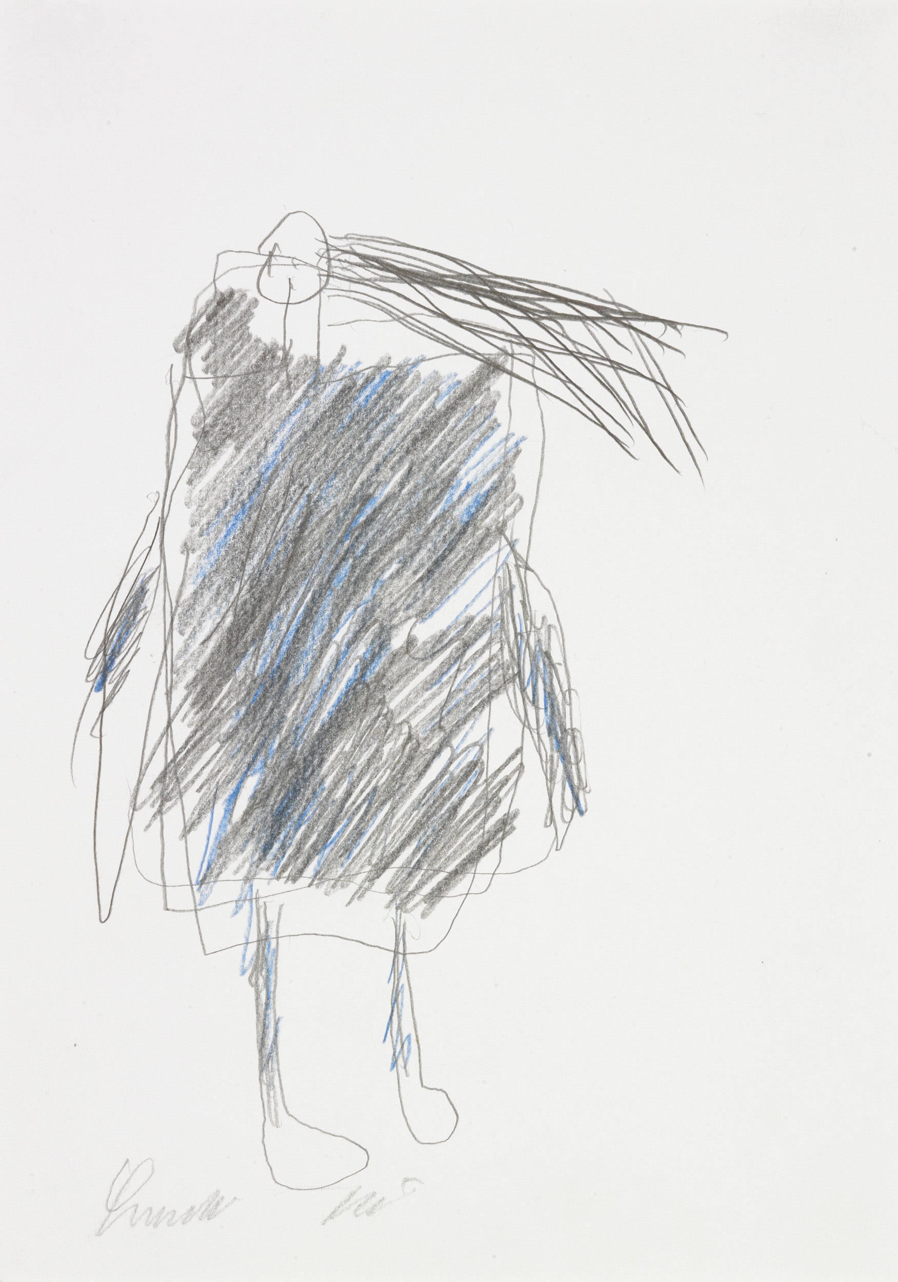 A drawing of a person with long hair on a white background.