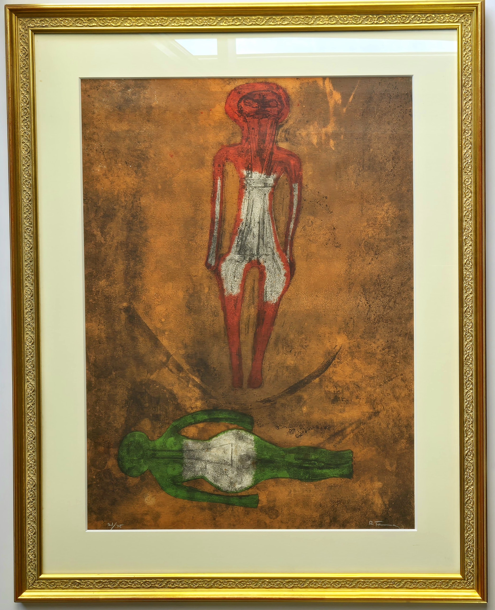 A painting of a woman standing next to a bottle of wine.