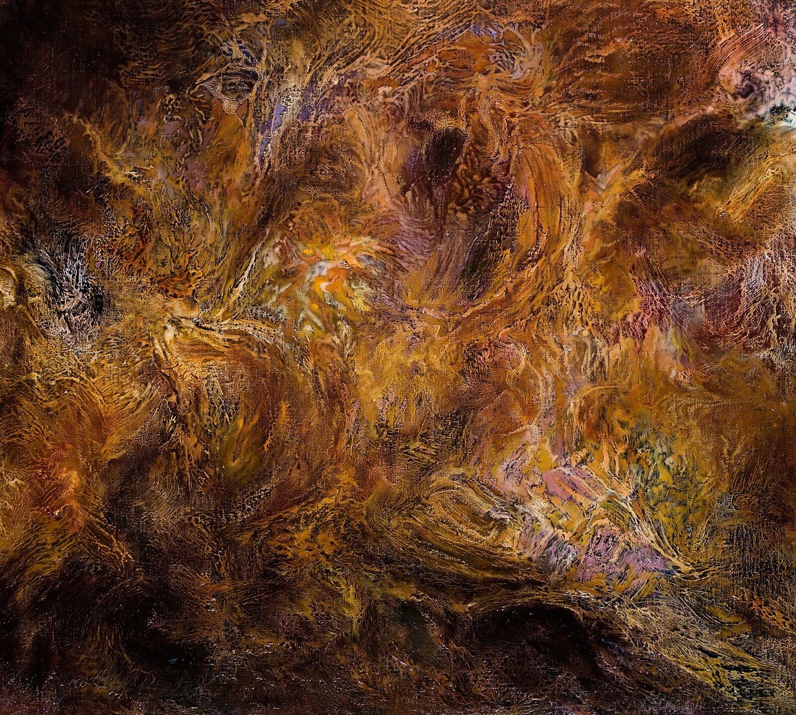 A painting of a brown and yellow abstract painting.