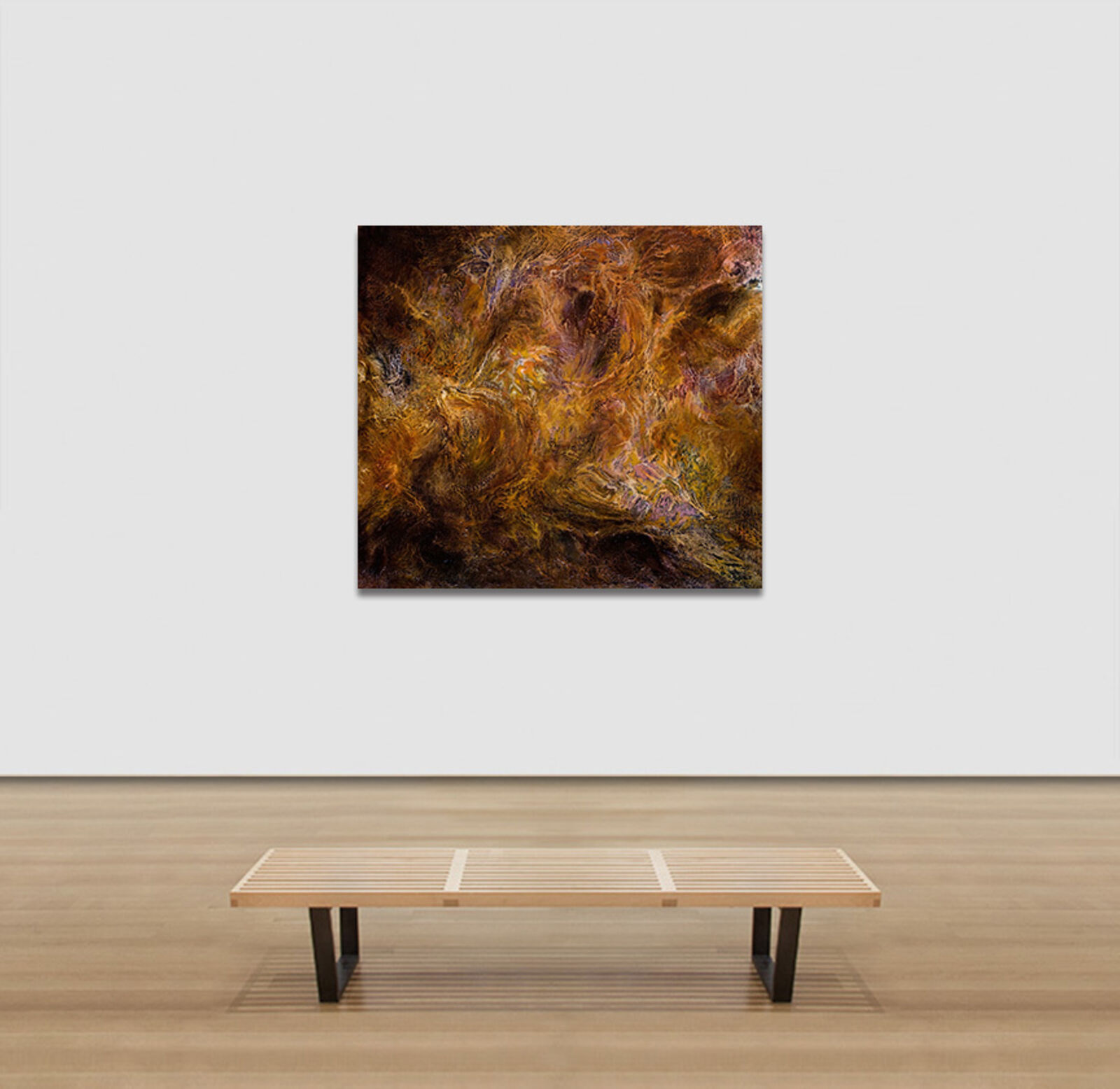 A painting of a brown and yellow abstract painting.