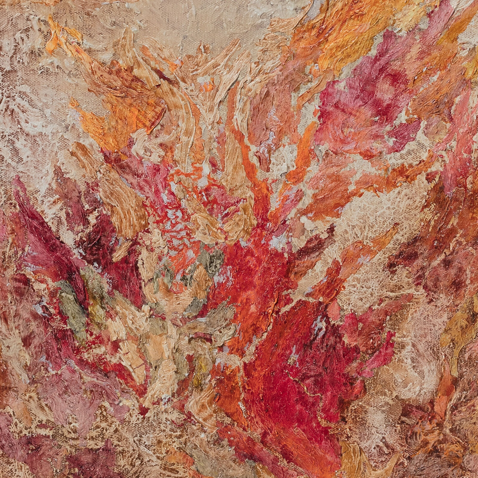 A painting of a fire in the middle of a field.