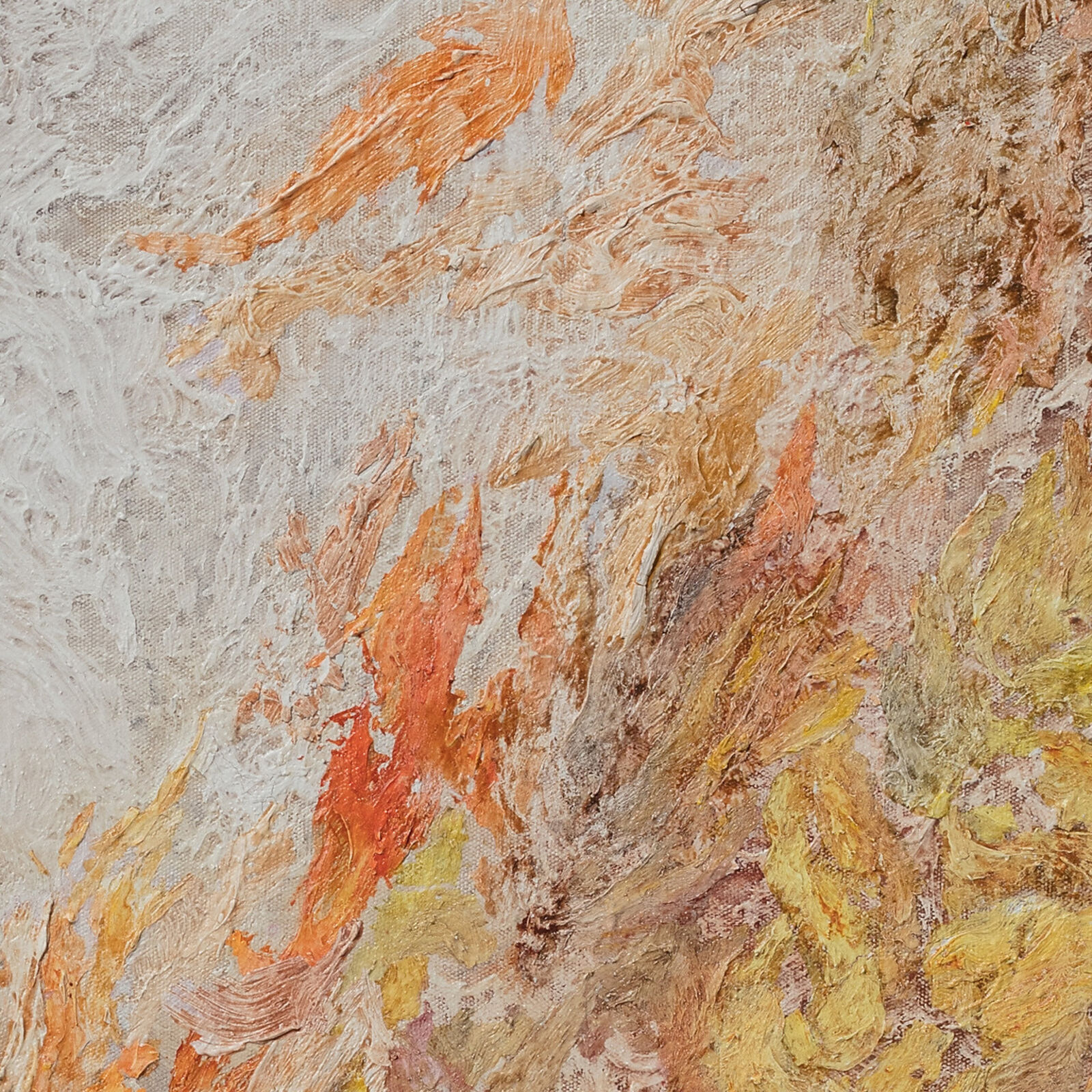 A painting of a fire in the middle of a field.