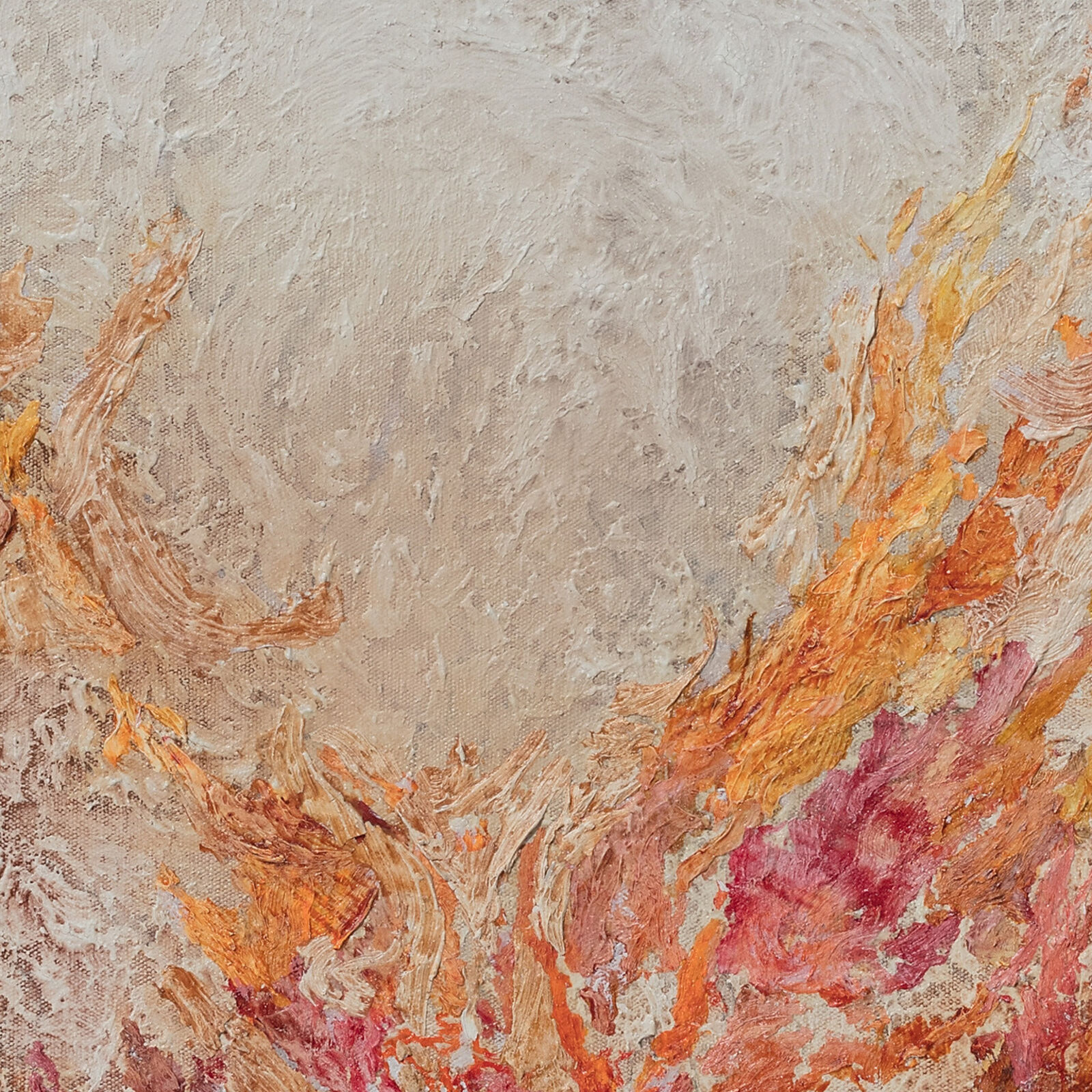 A painting of a fire in the middle of a field.