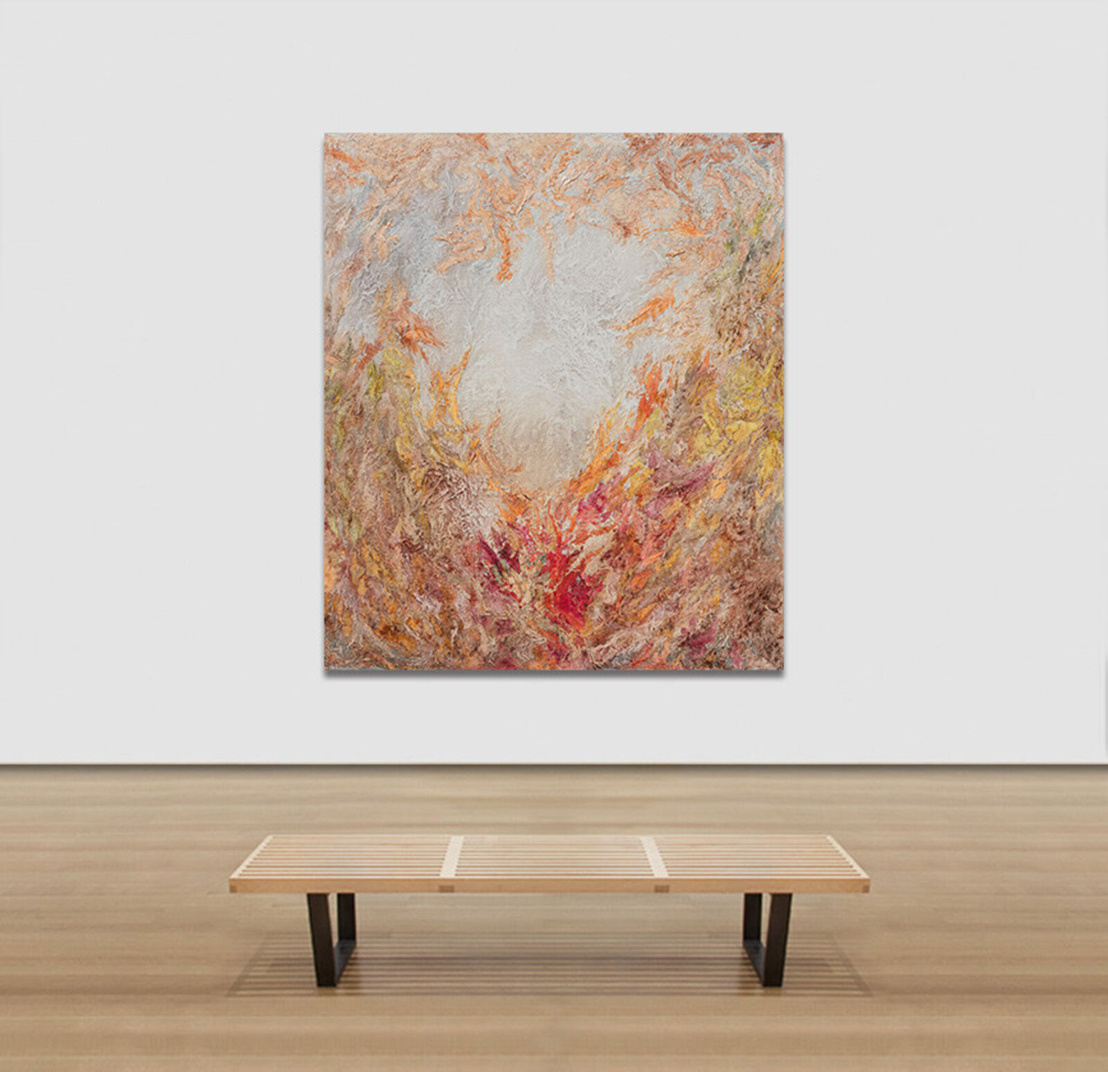 A painting of a fire in the middle of a field.