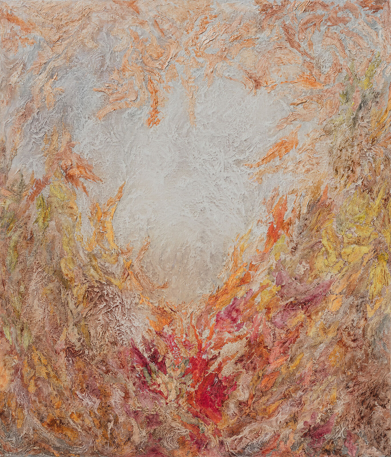 A painting of a fire in the middle of a field.