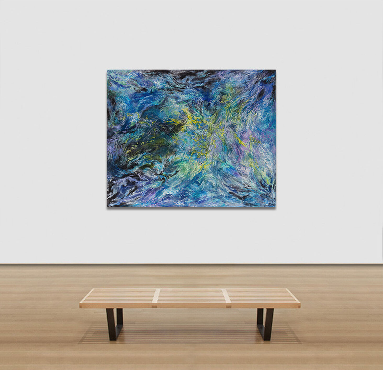 A painting of a blue and green abstract painting on a black background.