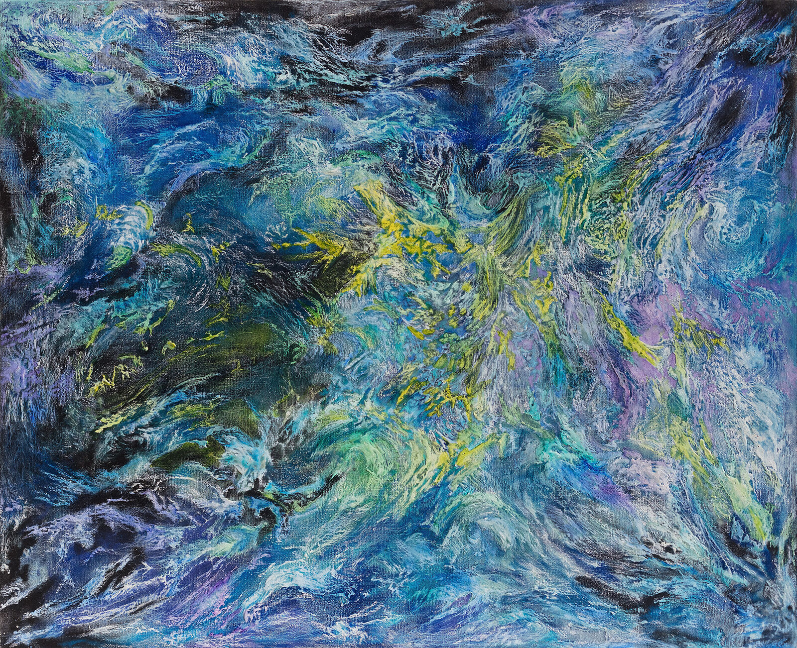 A painting of a blue and green abstract painting on a black background.