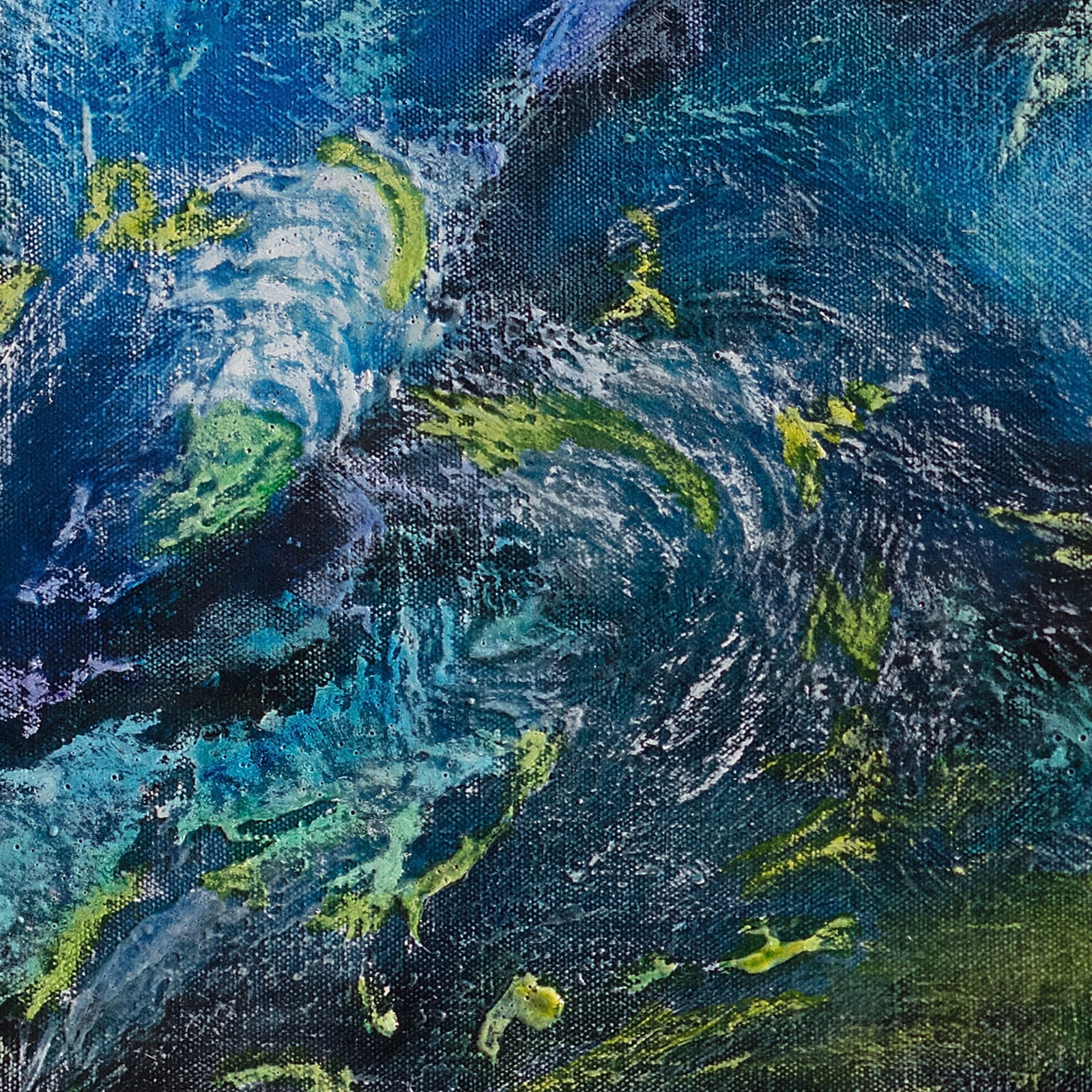 A painting of a blue and green abstract painting on a black background.