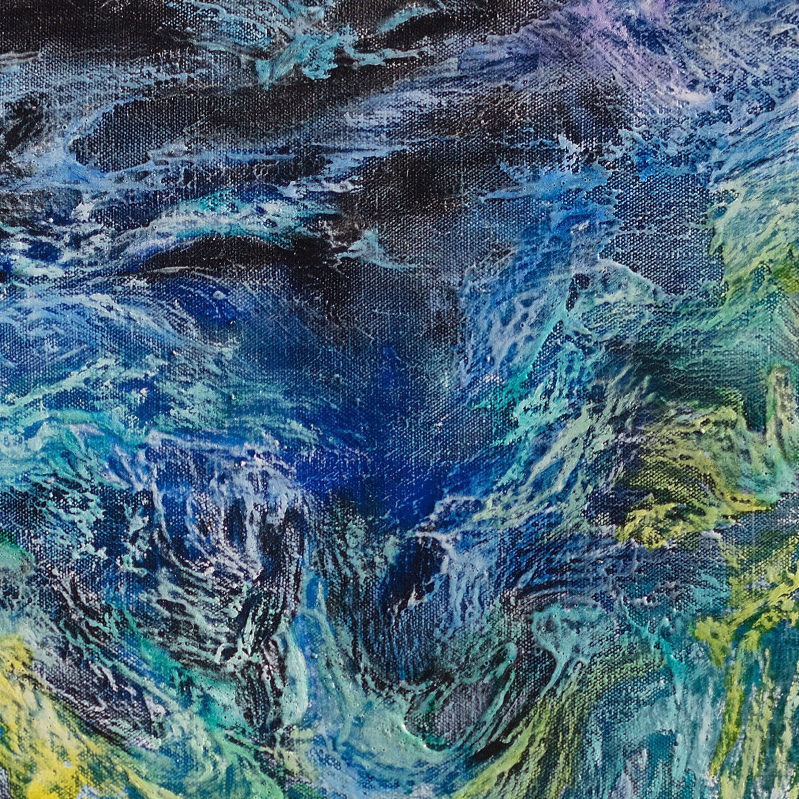 A painting of a blue and green abstract painting on a black background.
