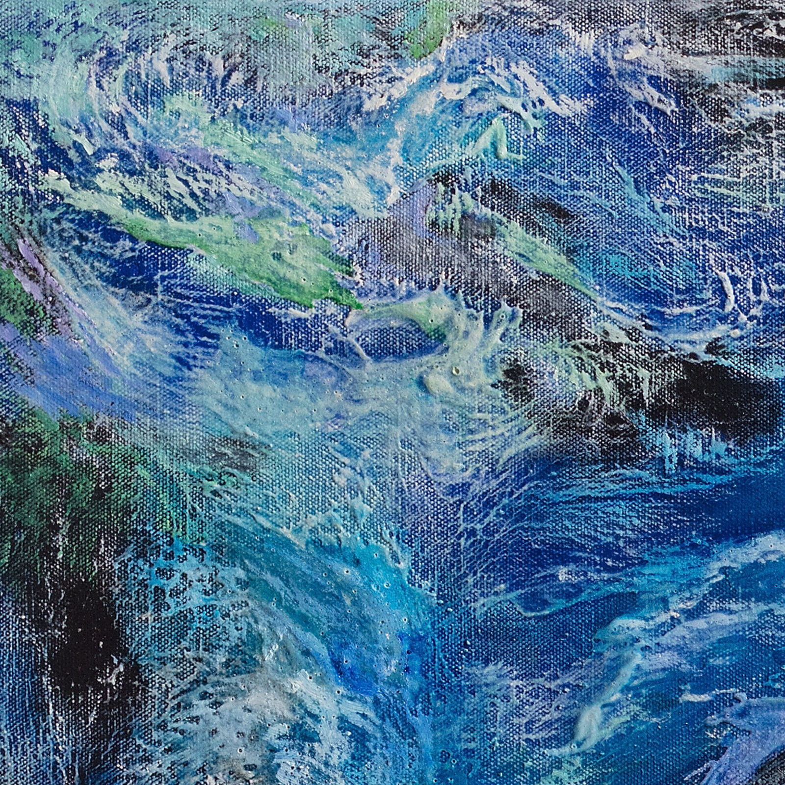 A painting of a blue and green abstract painting on a black background.