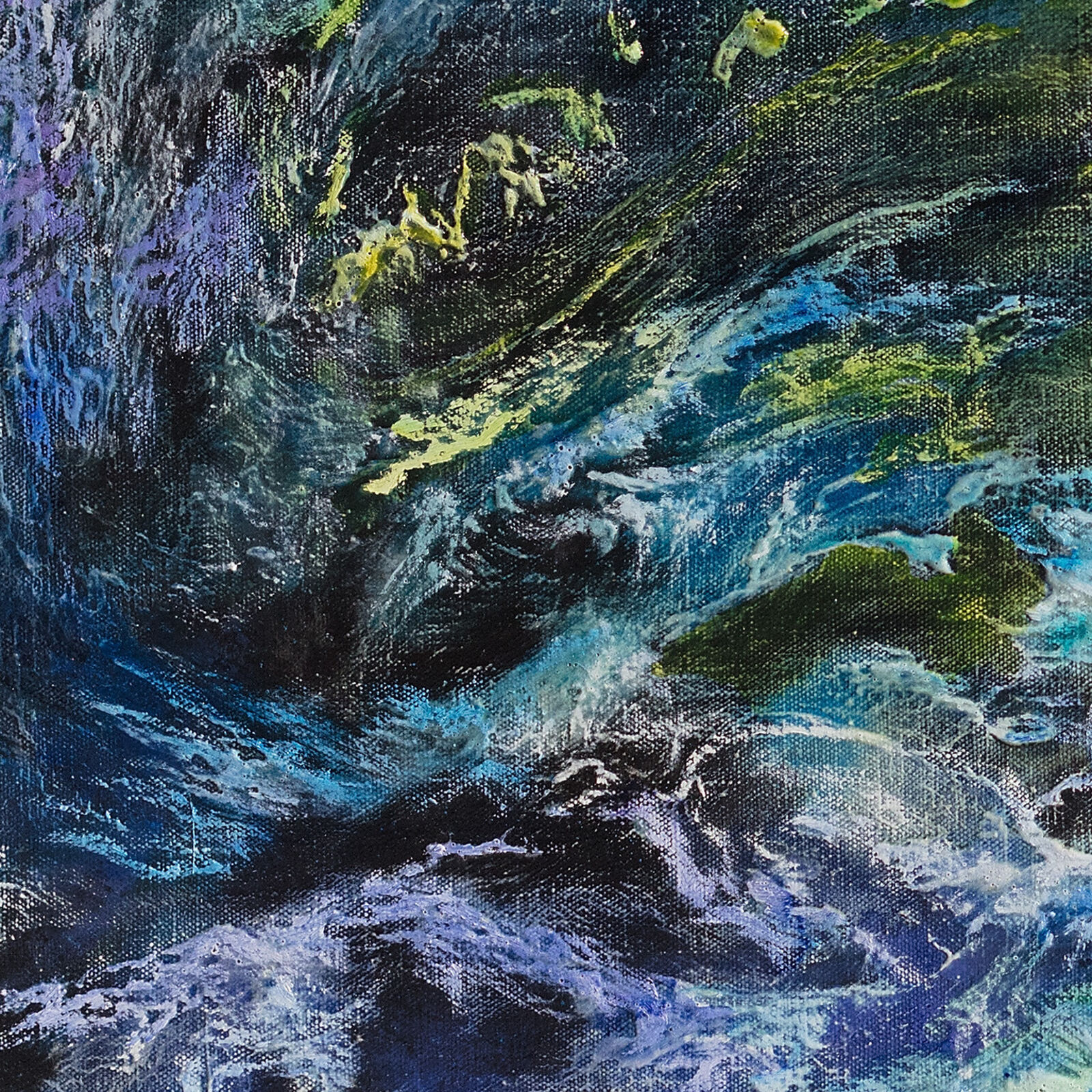 A painting of a blue and green abstract painting on a black background.