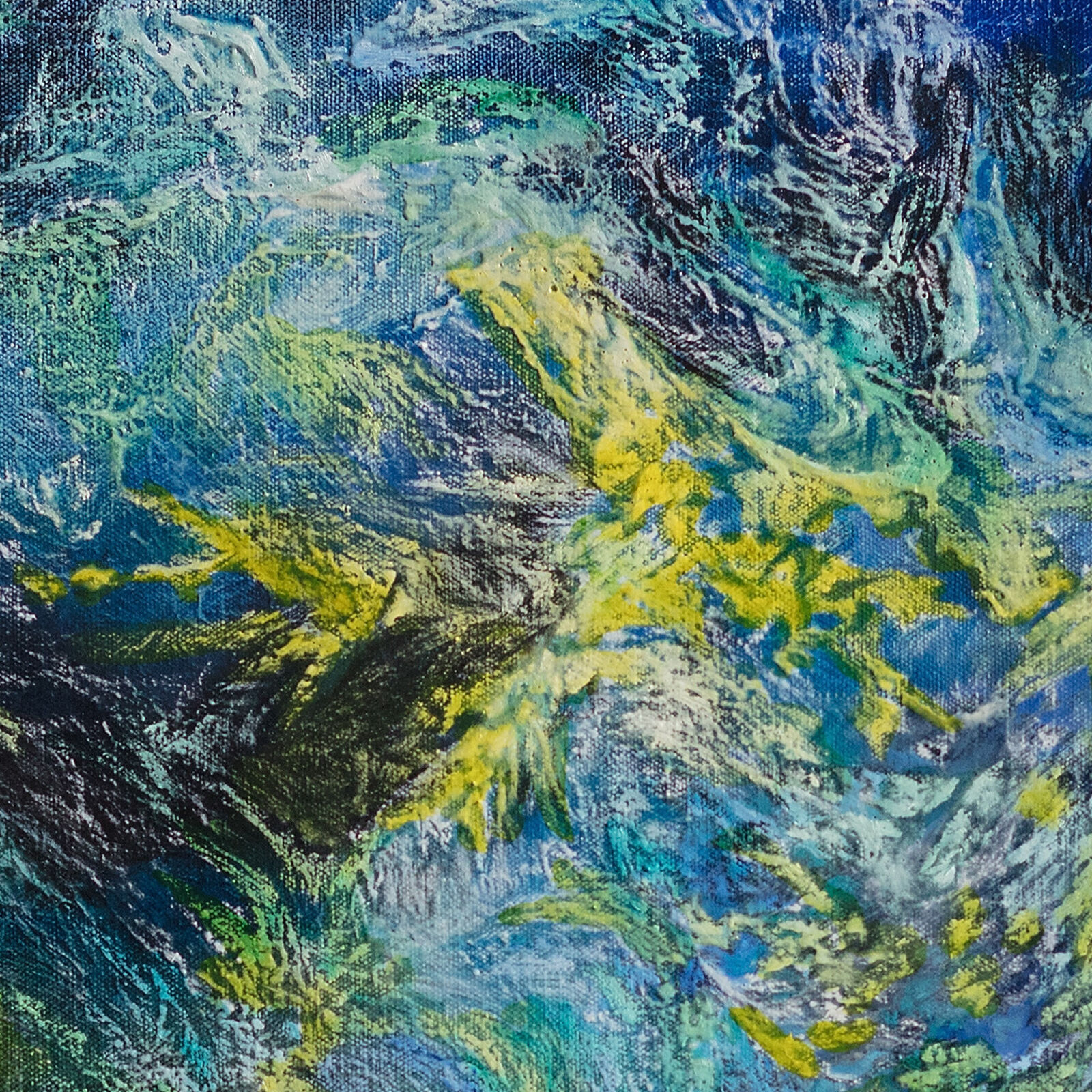 A painting of a blue and green abstract painting on a black background.