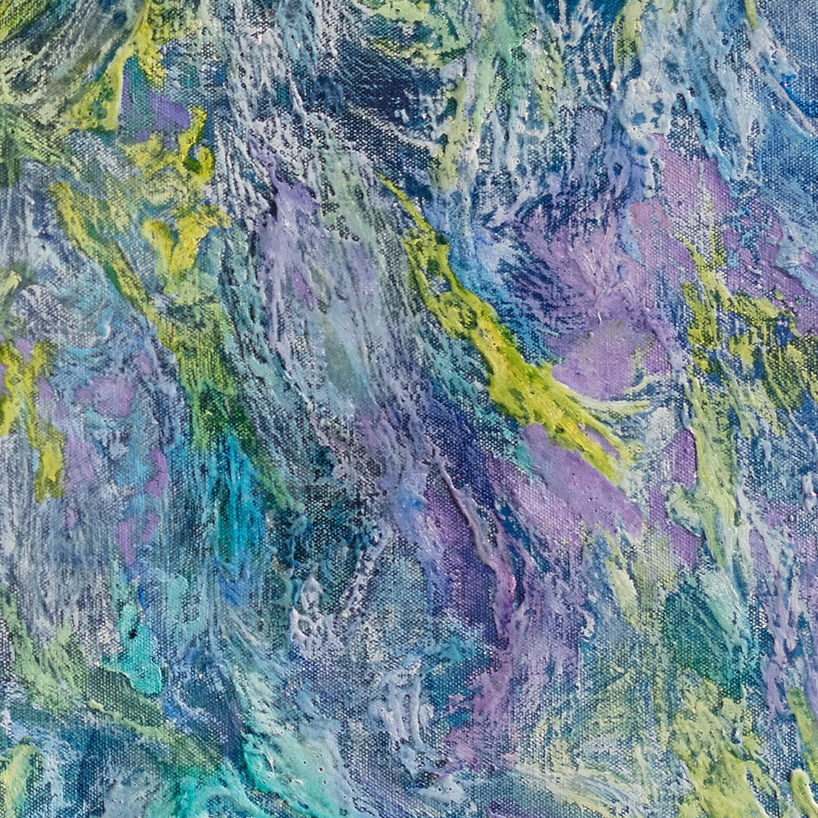 A painting of a blue and green abstract painting on a black background.