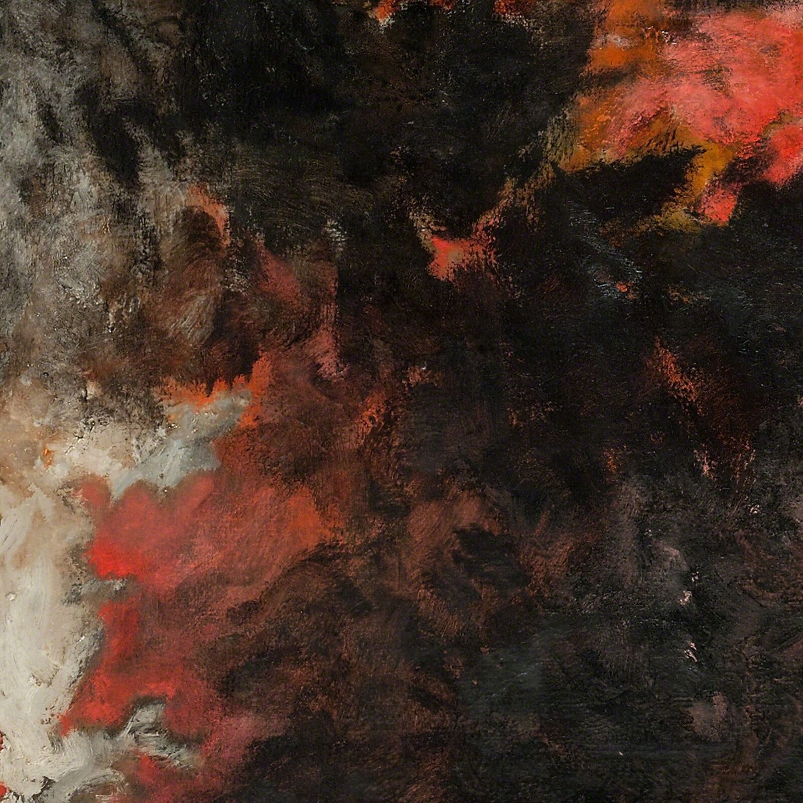 A painting of a red and black abstract painting on a wall.