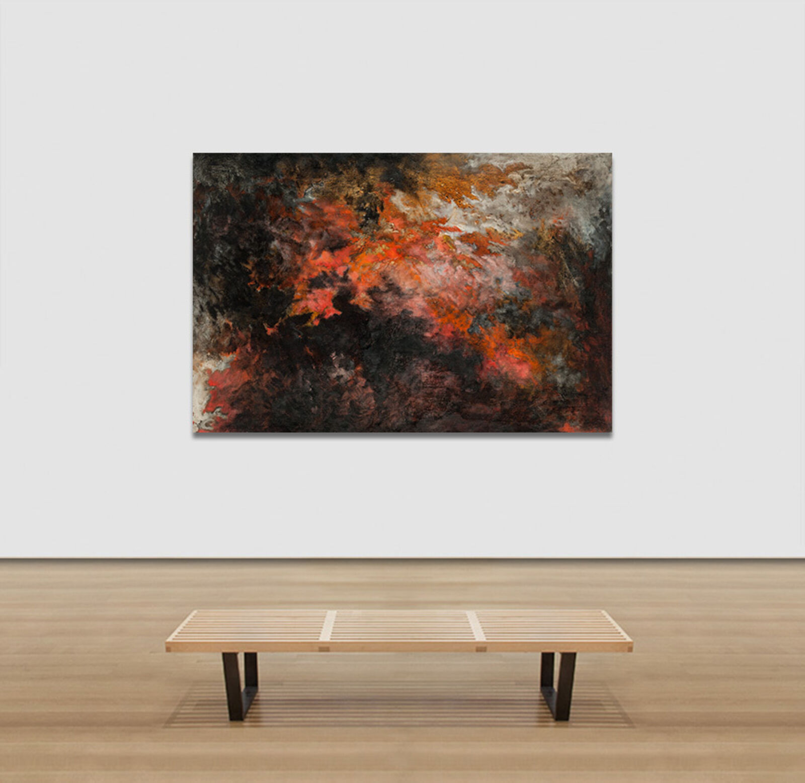 A painting of a red and black abstract painting on a wall.