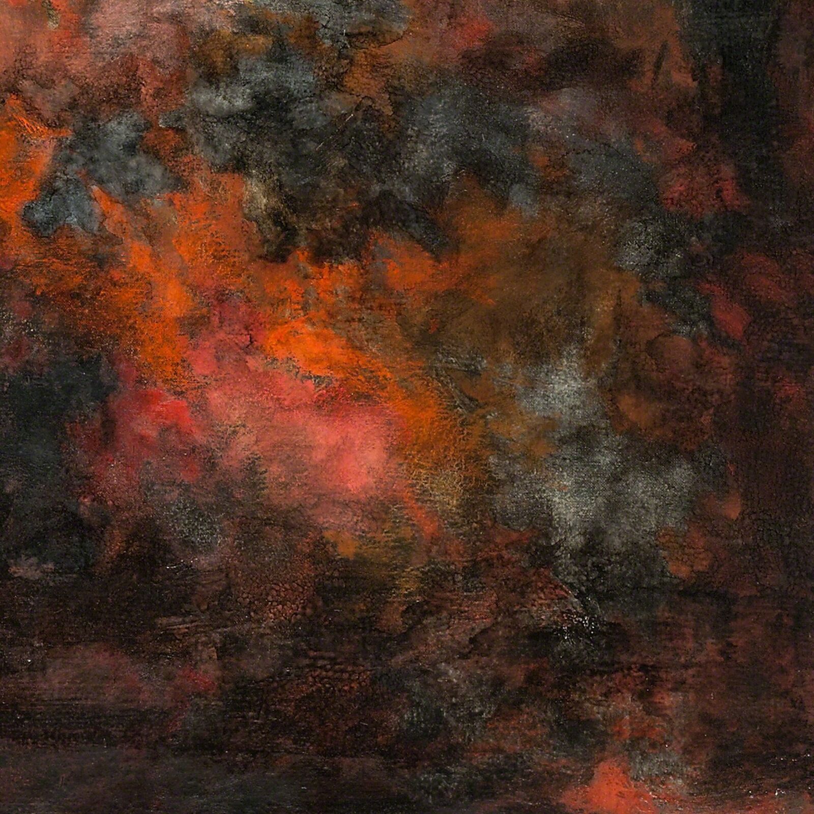 A painting of a red and black abstract painting on a wall.