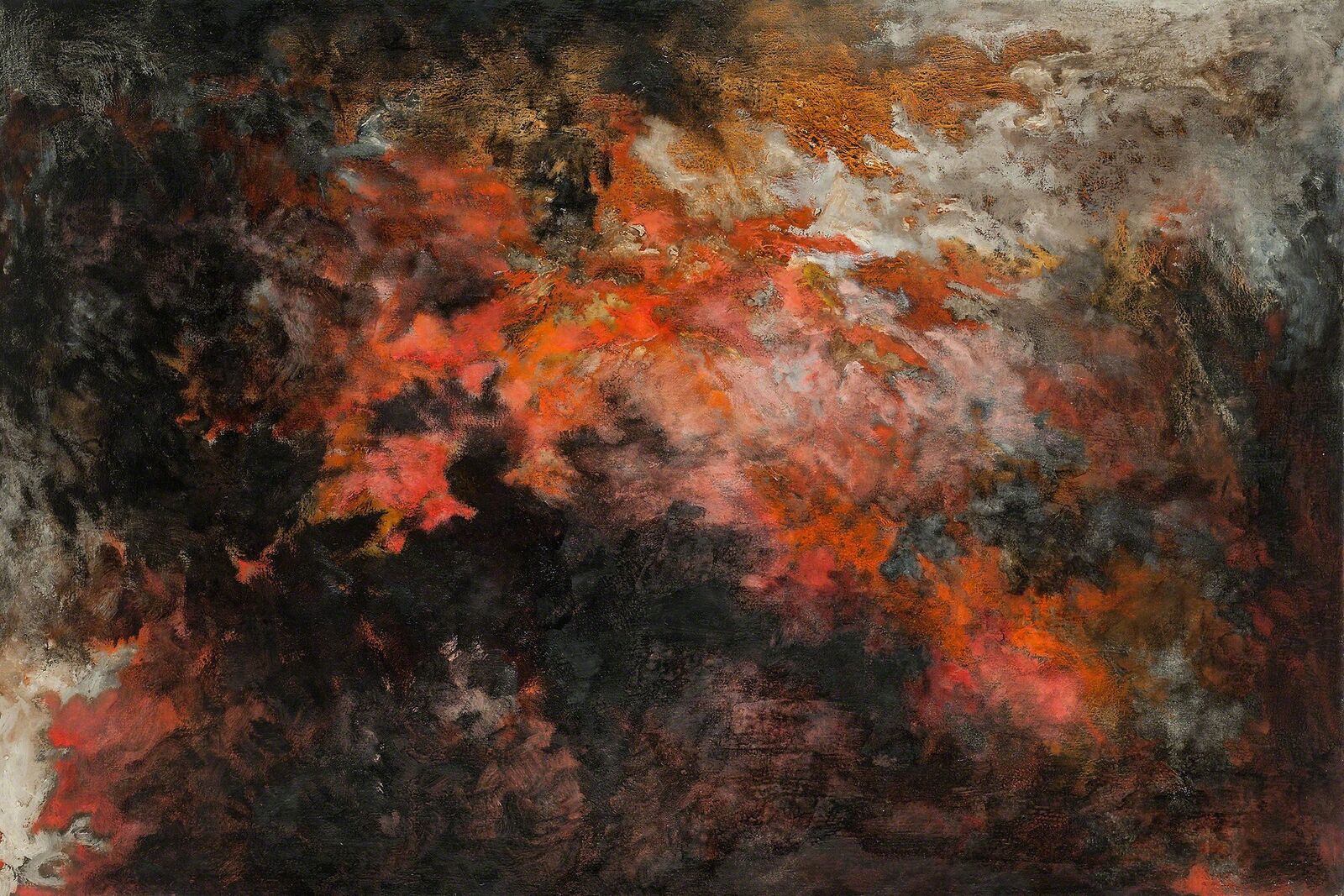 A painting of a red and black abstract painting on a wall.