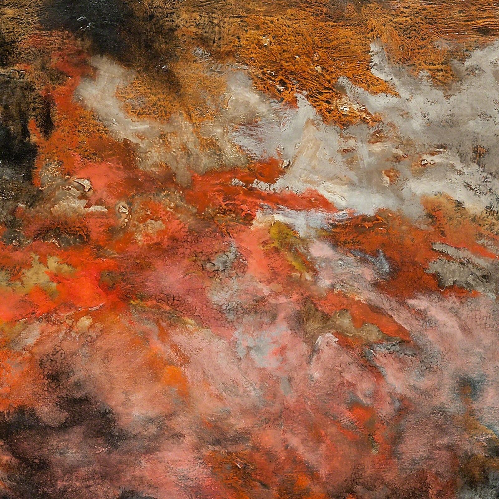 A painting of a red and black abstract painting on a wall.