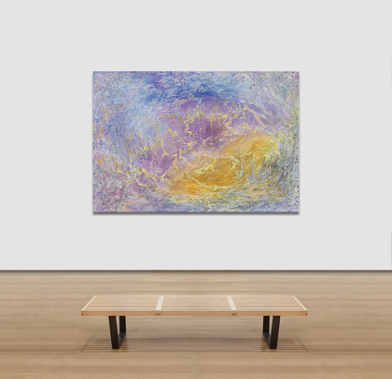 A painting of a purple and yellow abstract painting.