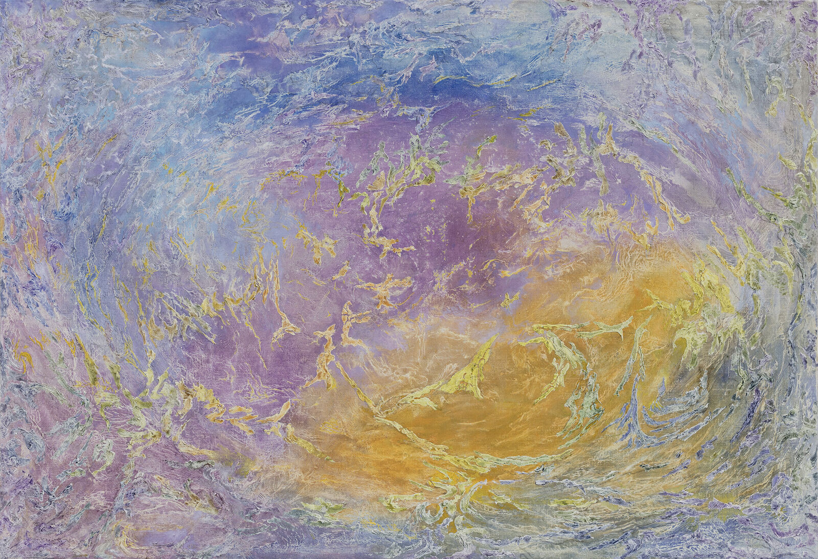 A painting of a purple and yellow abstract painting.