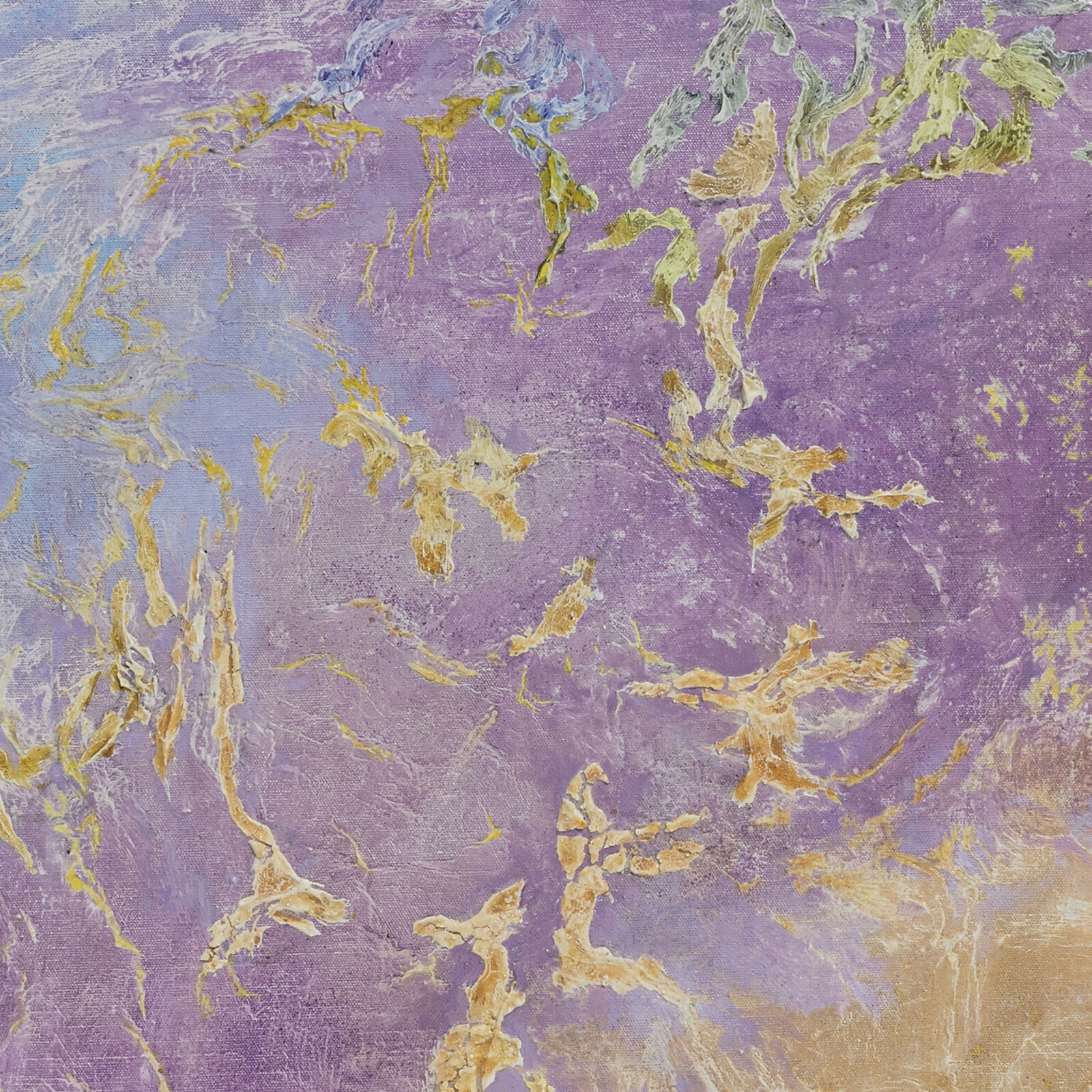 A painting of a purple and yellow abstract painting.