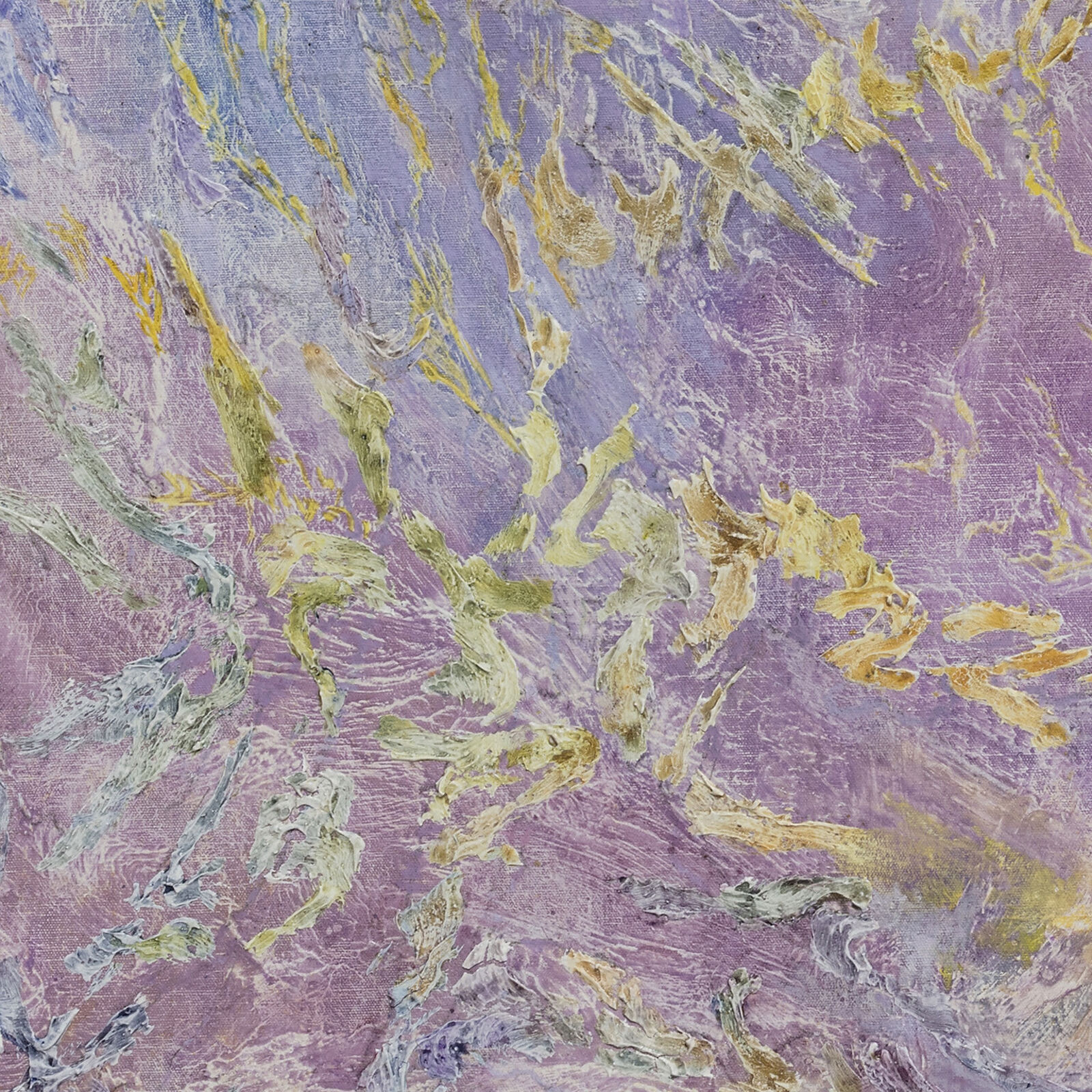 A painting of a purple and yellow abstract painting.