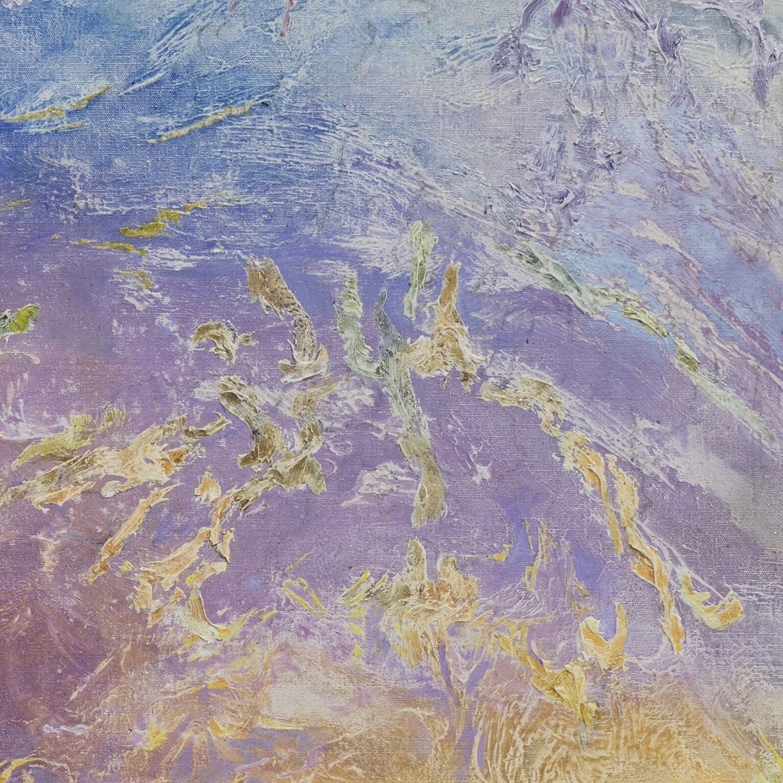 A painting of a purple and yellow abstract painting.