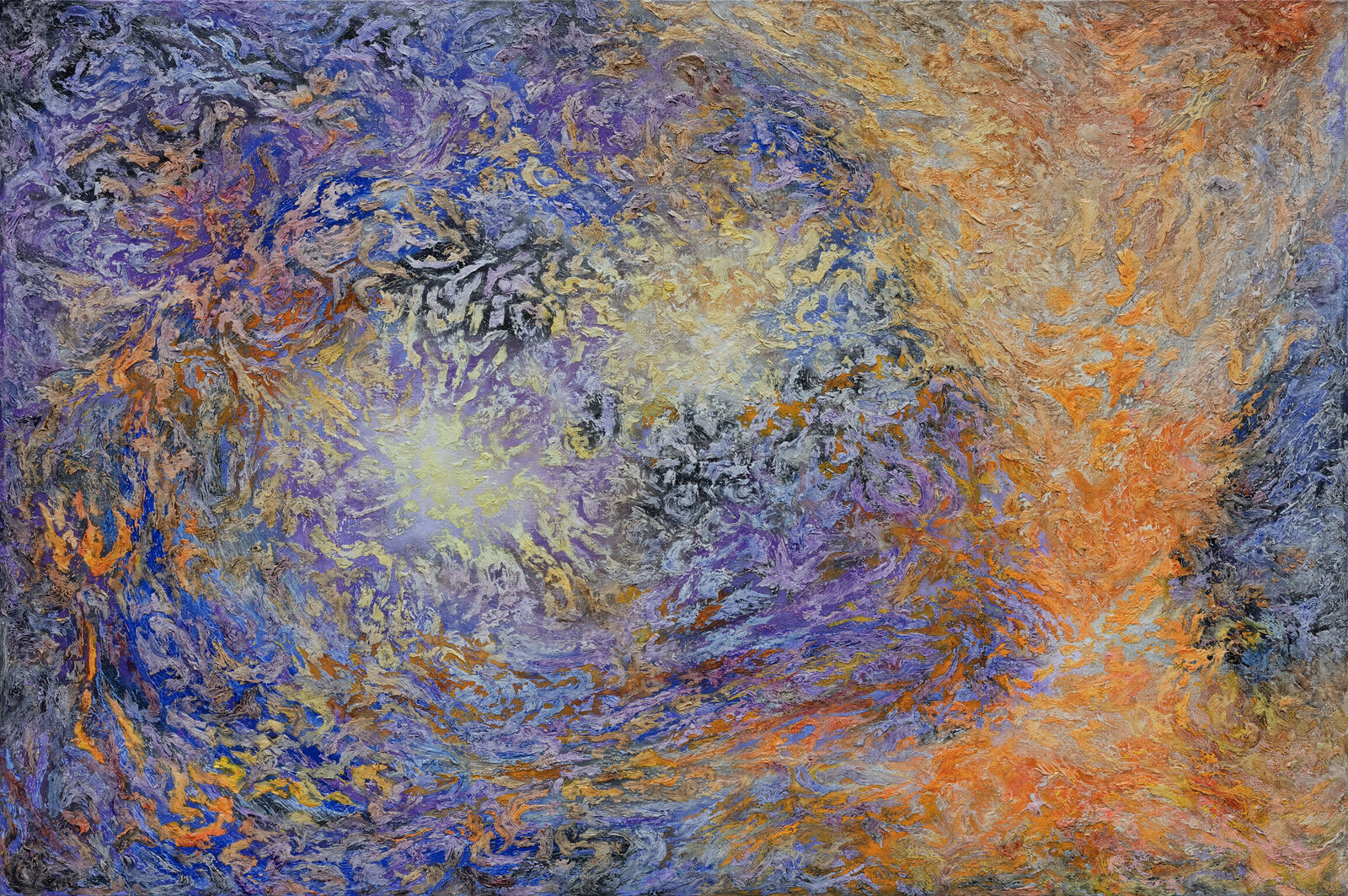 A painting of a purple and orange abstract painting.