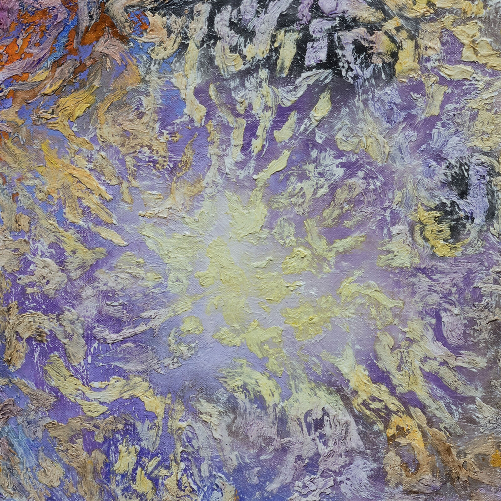 A painting of a purple and orange abstract painting.